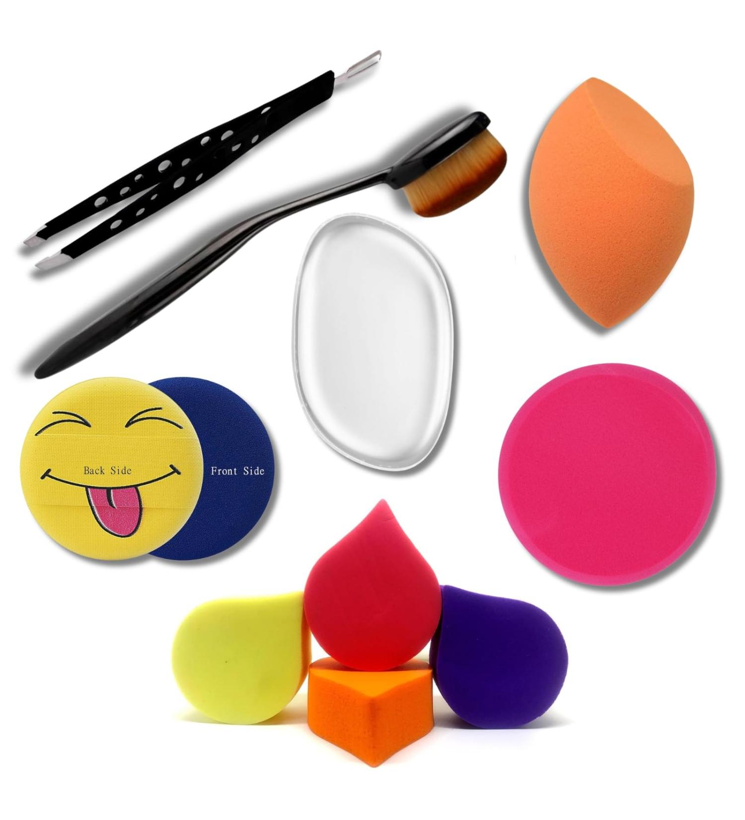 Out Of Box 10-Piece Beauty Tool Combo - Includes Slant-Pointed Tip Tweezer Oval Makeup Blush Brush Emoji Puff Silicone Blender Blender Big Puff and 4 Makeup Sponge Puffs