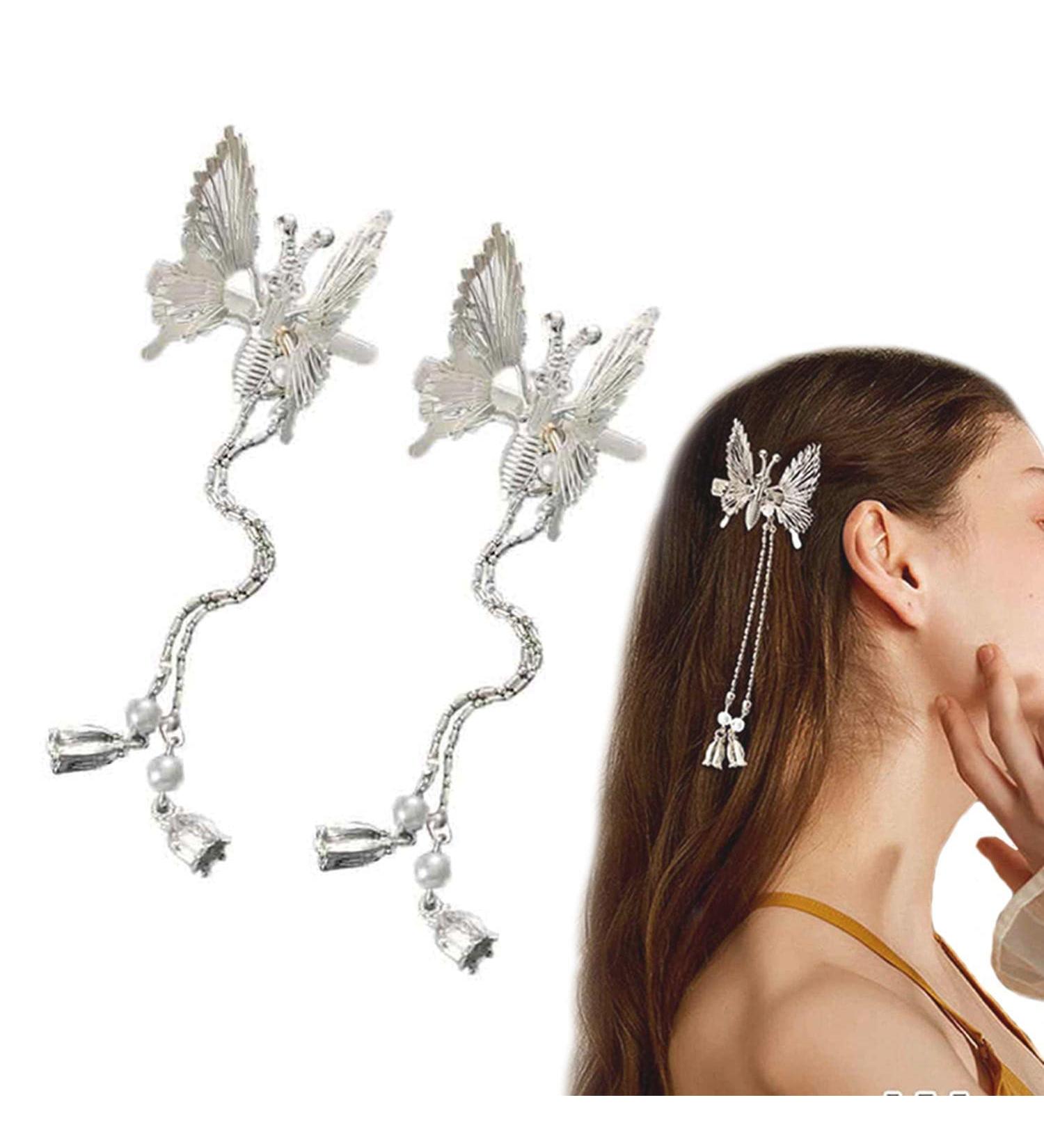 Elegant Butterfly Hairpin Set | Pearl Hair Comb Clips for Brides & Girls | Antique Silver Butterfly Hair Accessories (2 PCs) - Buy Online on GoSupps.com