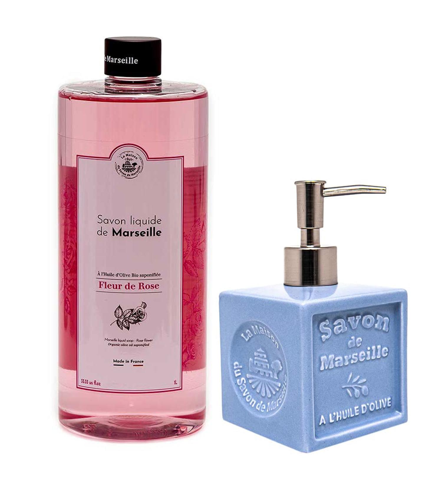 Maison Du Savon De Marseille liquid soap with ceramic soap dispenser 1 liter refill pack and dispenser for 300 ml - Buy Online on GoSupps.com