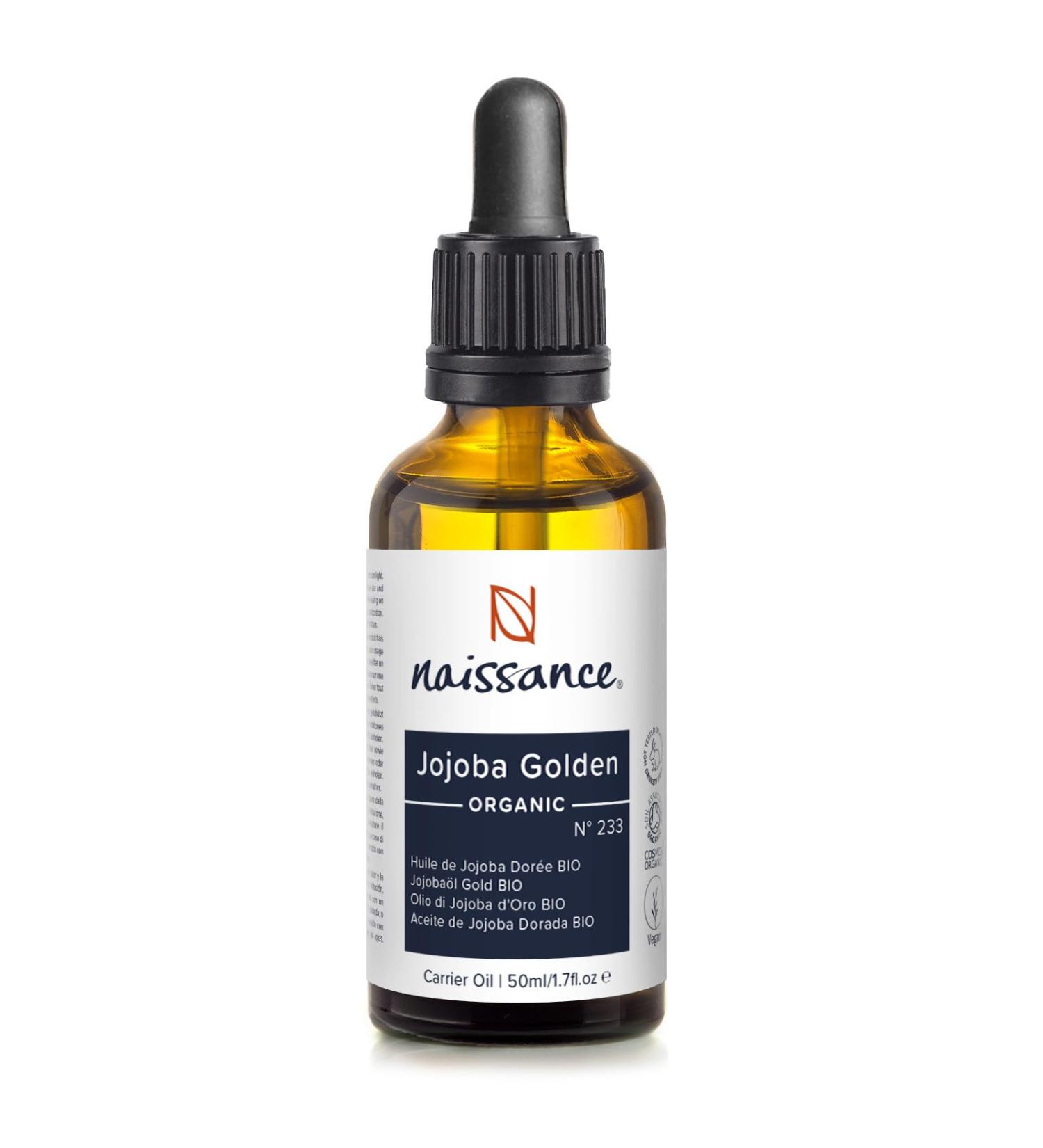Naissance Certified Organic Gold Jojoba Oil (No. 233) - 50 ml - Natural Cold Pressed - for Face Hair Massage Skin - Buy Online on GoSupps.com