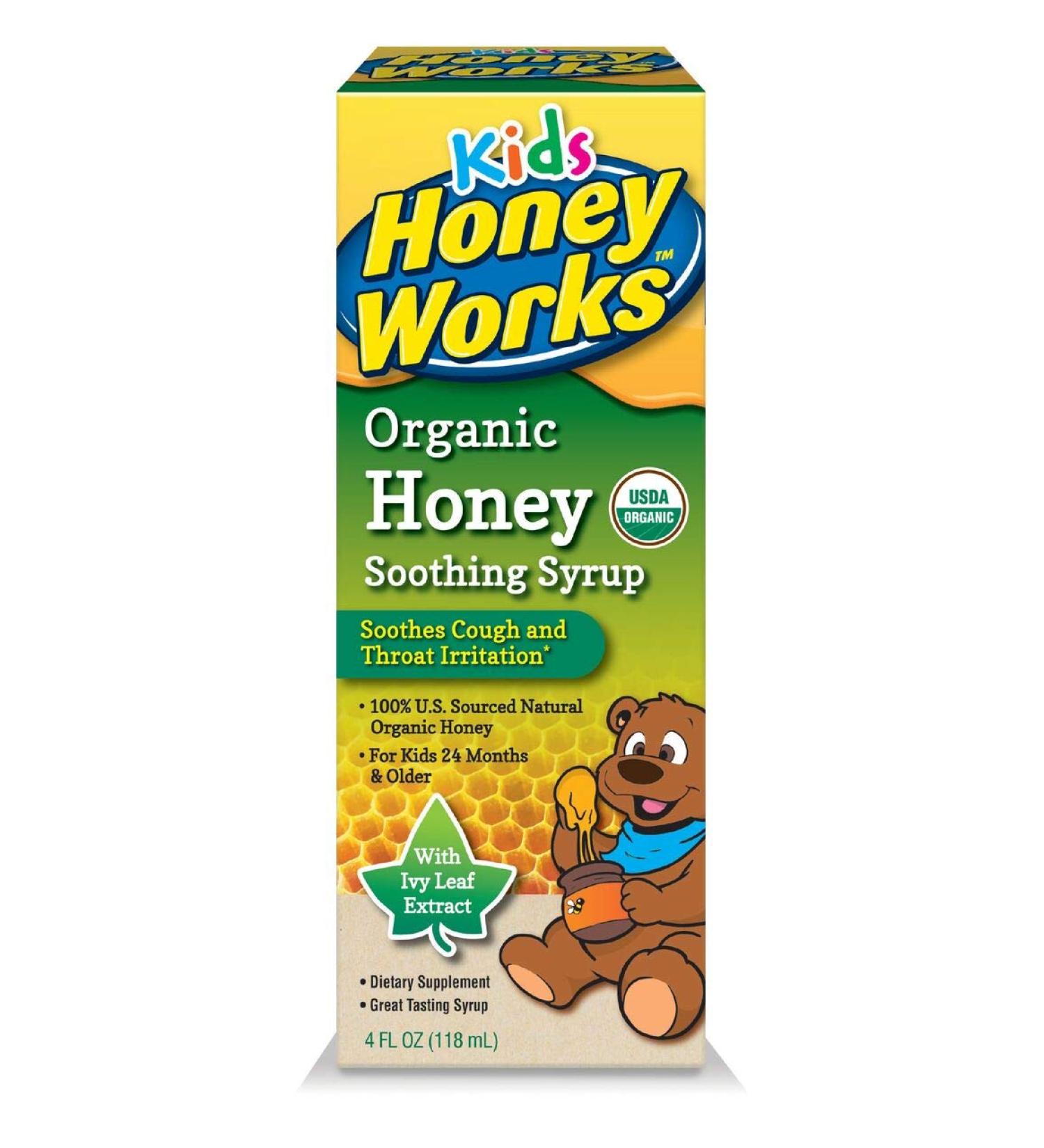 HoneyWorks Cough Syrup for Kids - Organic Honey Dark Honey Ivy Leaf Extract Vitamin C & Zinc | Soothes Cough & Throat Irritation - 4 Oz - Buy Online on GoSupps.com