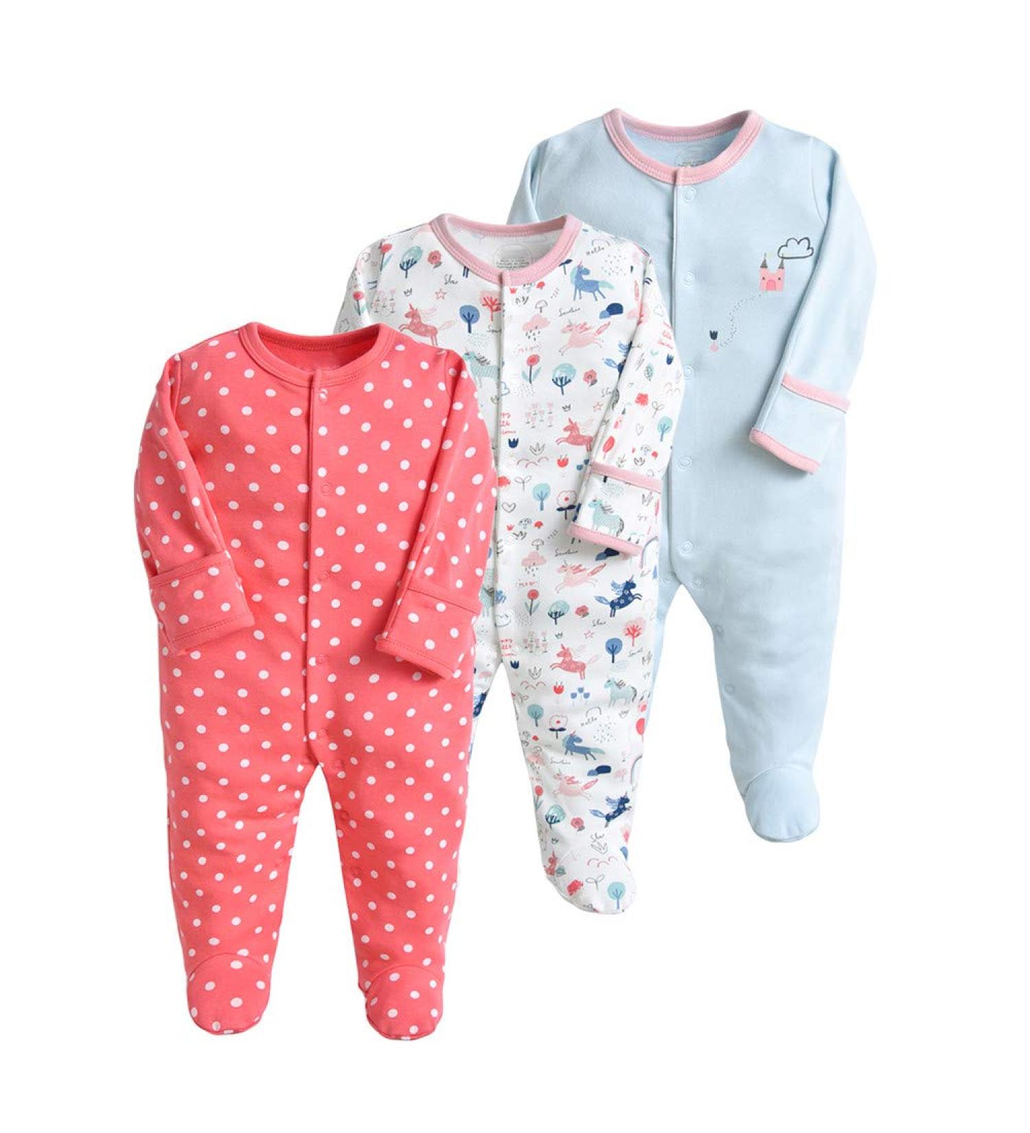 Cotton Baby Girl Rompers 3PCS Set | Long Sleeve Jumpsuits with Footies | Infant Sleepsuits 0-3 Months - Buy Online on GoSupps.com