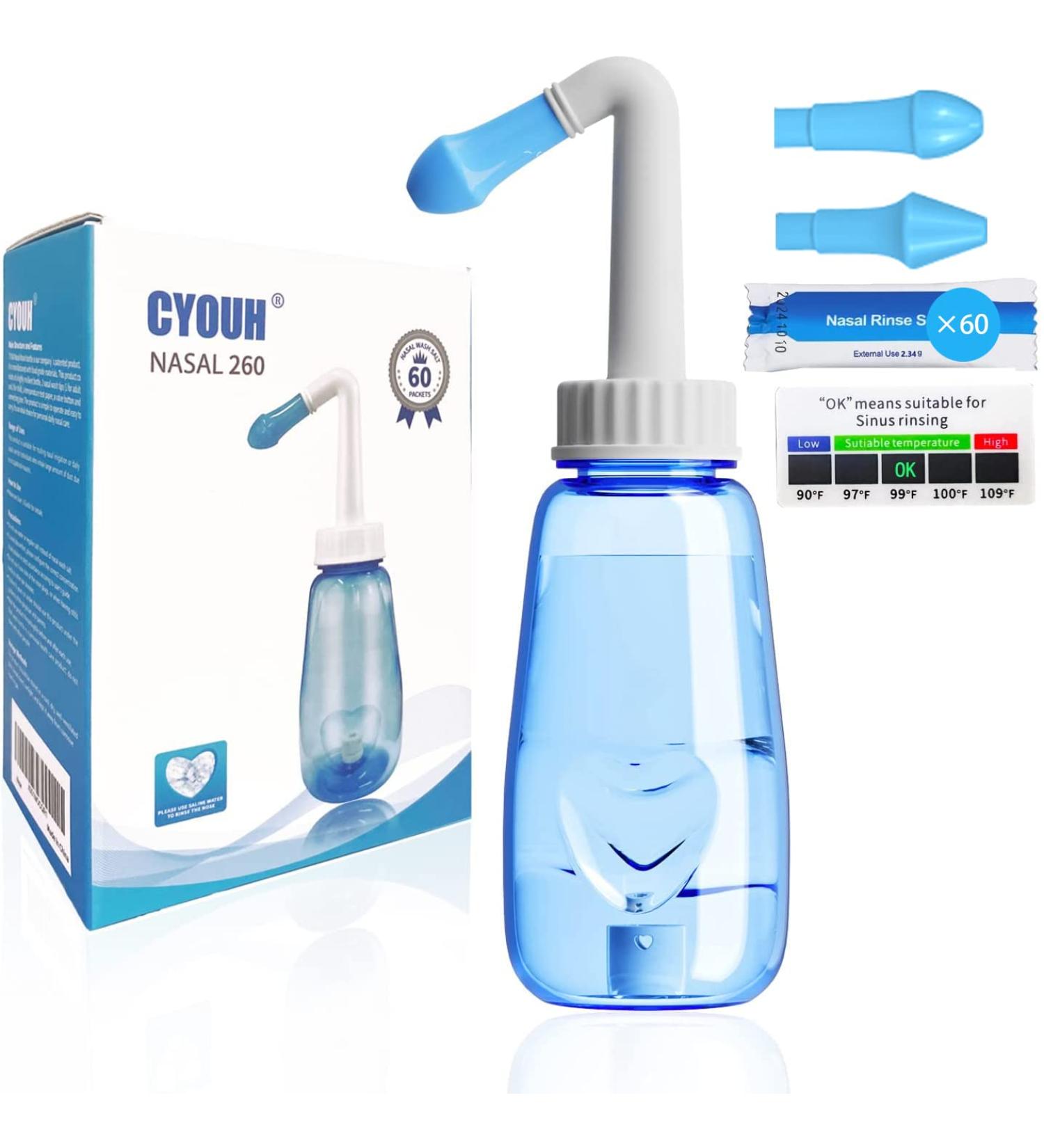 CYOUH Neti Pot 260ml - Sinus Rinse Bottle for Adult & Kids - BPA Free - Nasal Irrigation with 60 Salt Packets - Blue - Buy Online on GoSupps.com