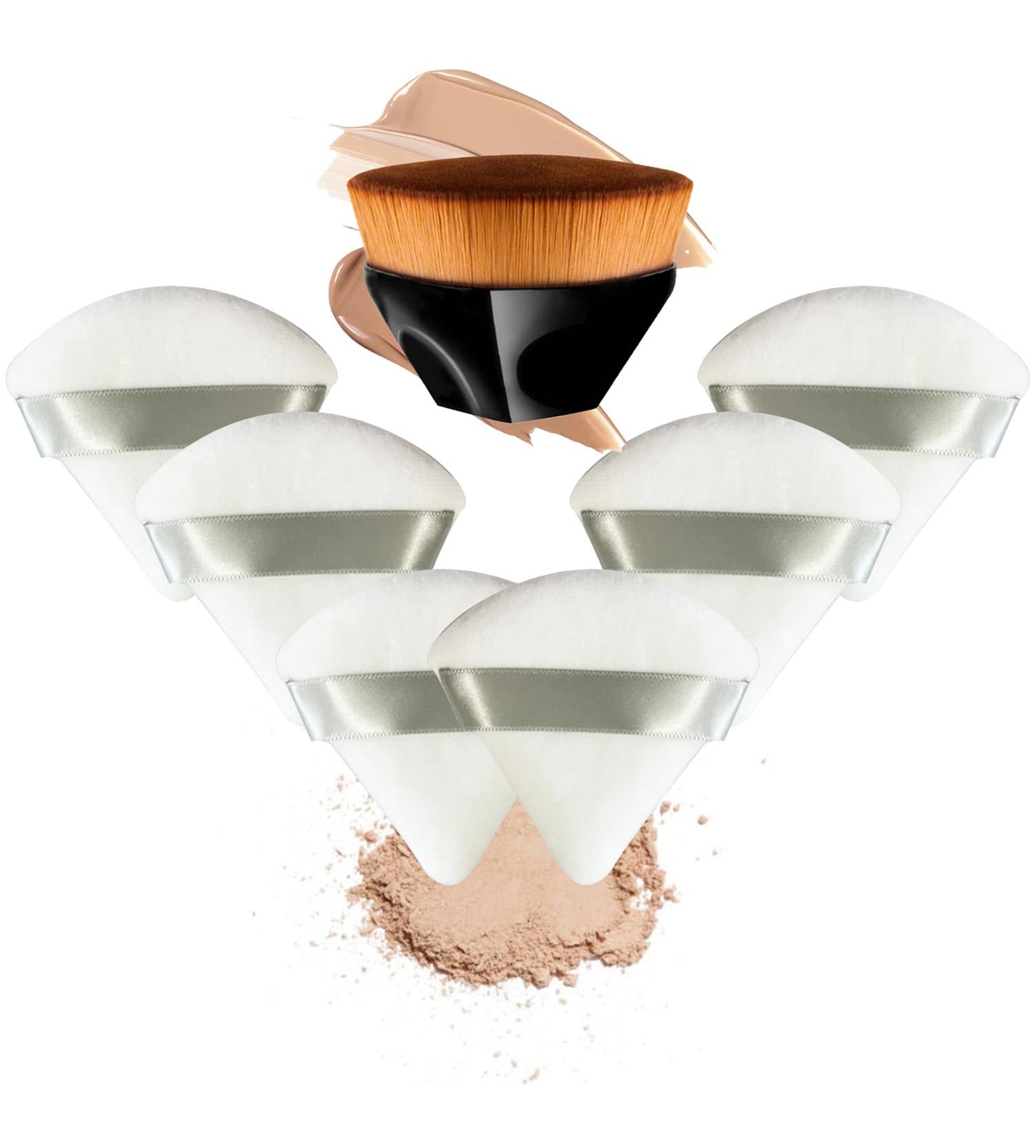 6+1 Pieces Triangle Powder Puff Set with Kabuki Foundation Brush | Soft Velour Face and Body Makeup Puffs | Wet Dry Makeup Tool - White - Buy Online on GoSupps.com