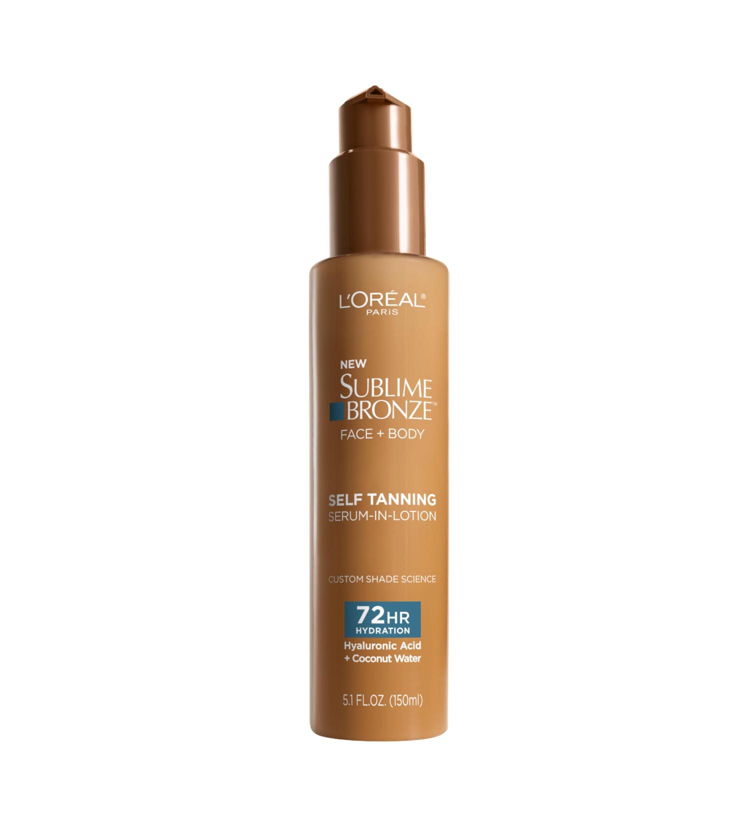 L'Oreal Paris Sublime Bronze Hydrating Self Tanning Serum-In-Lotion Self Tanner for Face and Body with Coconut Water and Hyaluronic Acid Provides Natural-Looking Color & 72 HR Hydration 5 Fl Oz - Buy Online on GoSupps.com