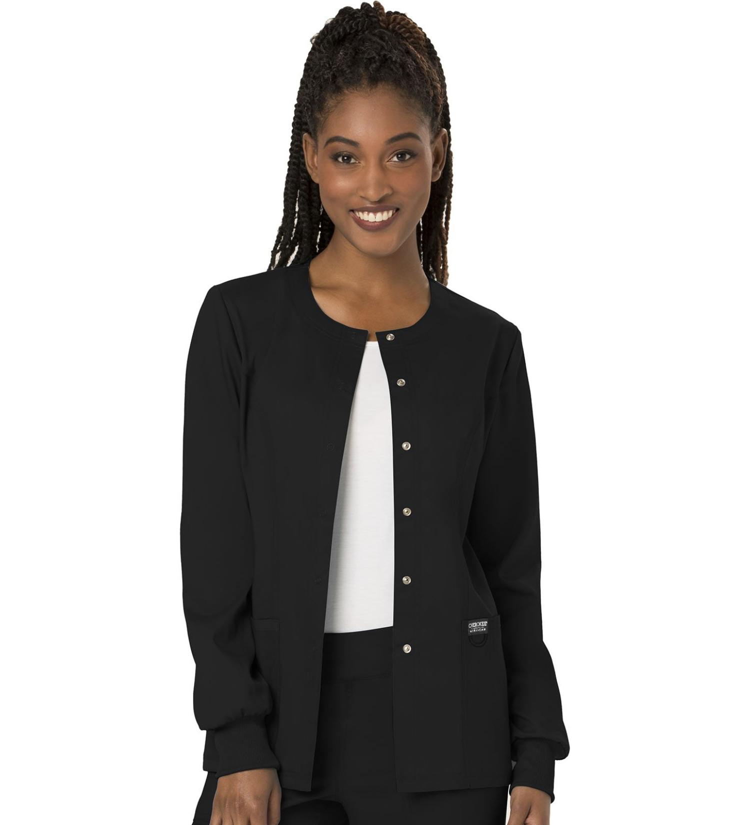 Cherokee Workwear Revolution Soft Stretch Snap Front Scrub Jacket for Women - Large, Black | WW310 - Buy Online on GoSupps.com