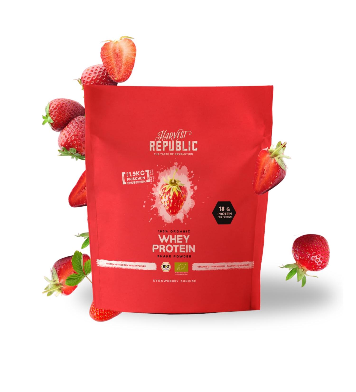  Harvest Republic HARVEST REPUBLIC Organic Whey Protein Powder Strawberry with 100% Real Fruit Powder | 750g Powder - Buy Online on GoSupps.com