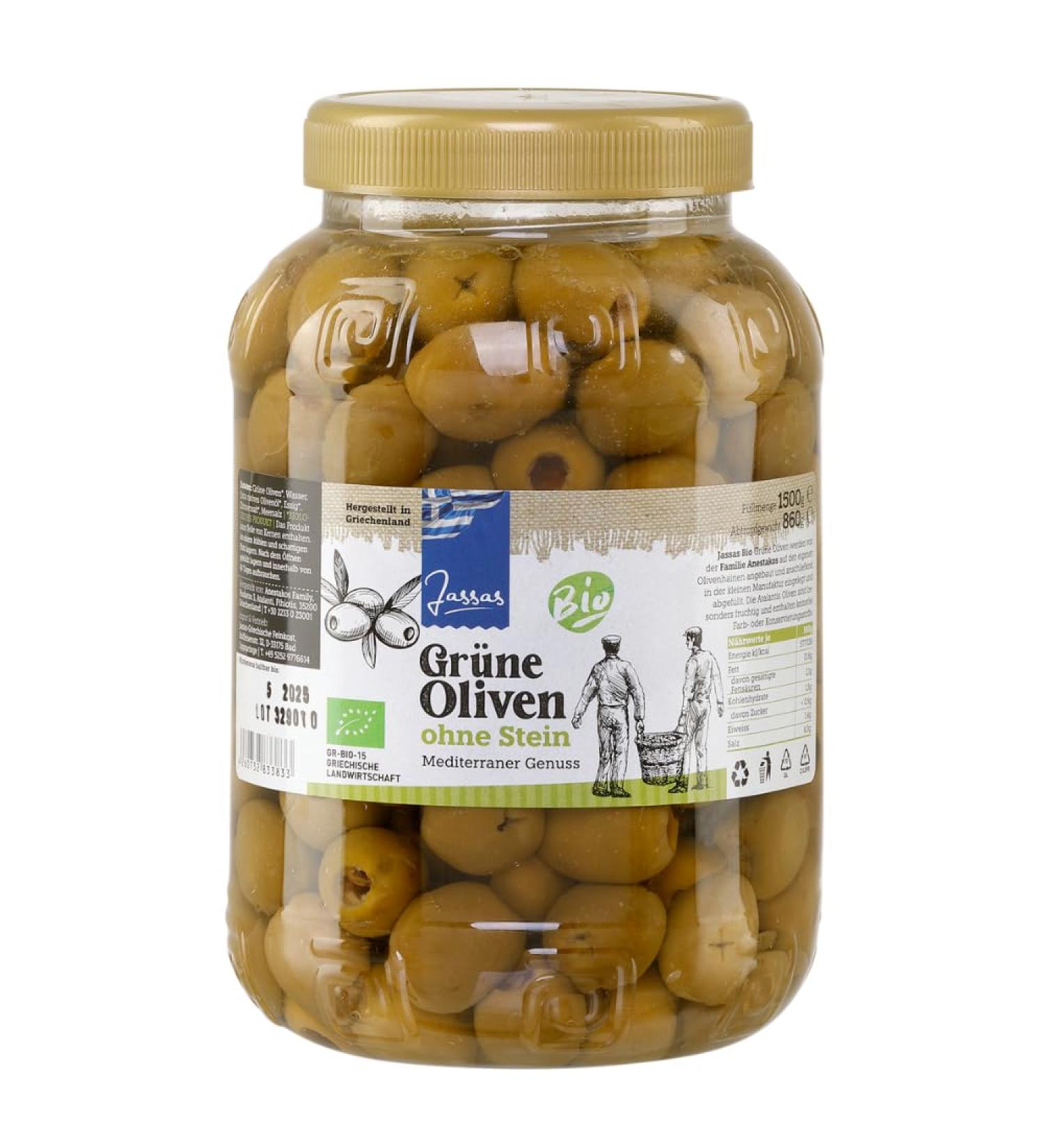 Greek Green Olives Without Stone 860g | Organic Certified | Olives from Greece | Jassas | GR-BIO-15