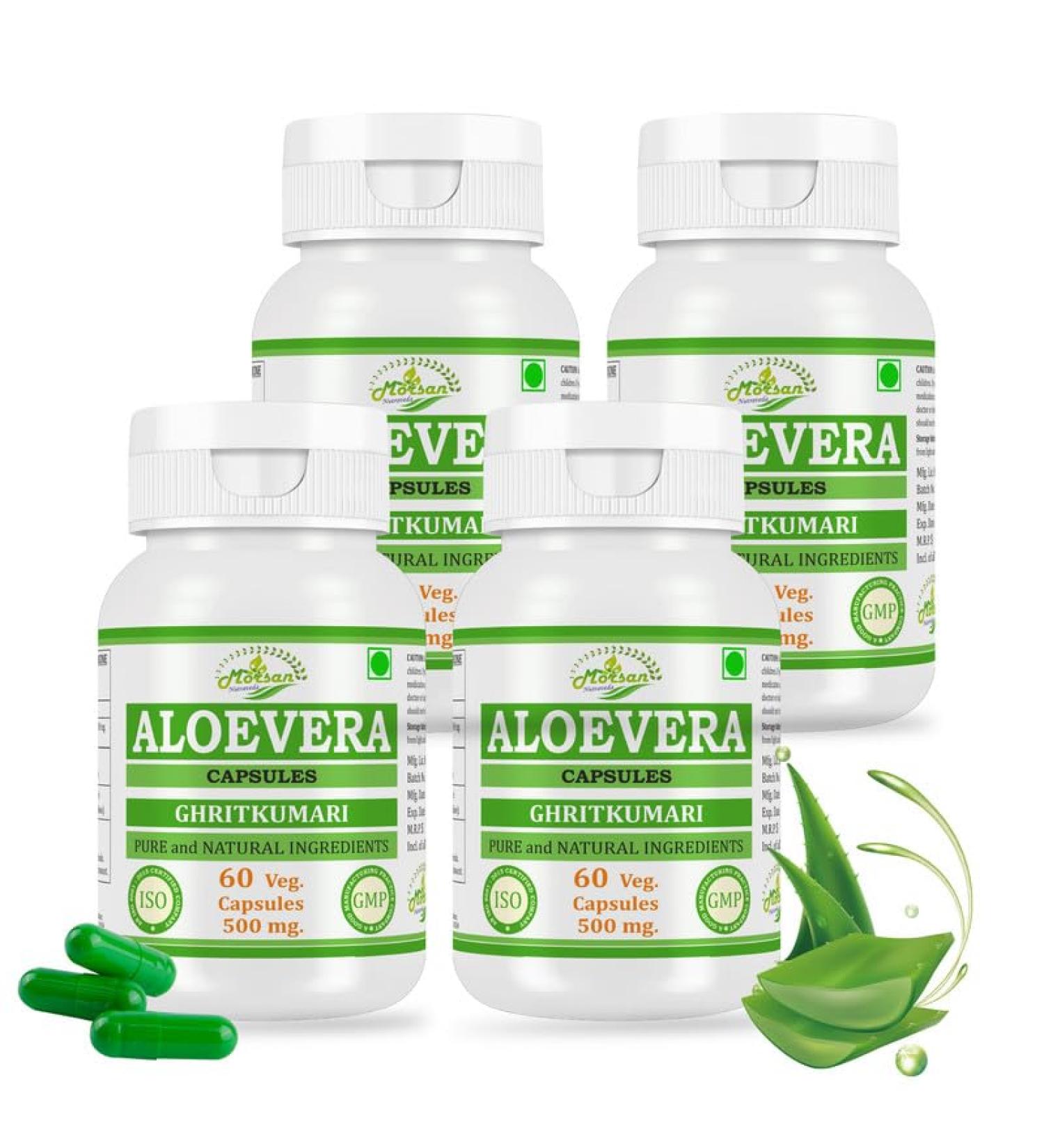 Morsan Nutraveda Aloe Vera Capsules | 100% Pure & Natural Herbal Supplement | Supports Skin Health Digestion & Immunity | Ayurvedic Wellness(Pack of 4)