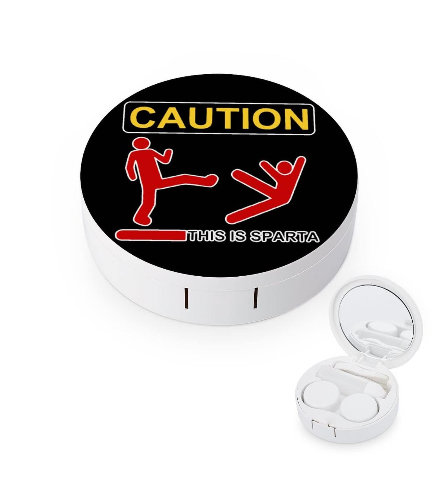 Caution This Is Sparta Round Case For Contact Lens Kit Storage Box with Mirror Printed - Buy Online on GoSupps.com
