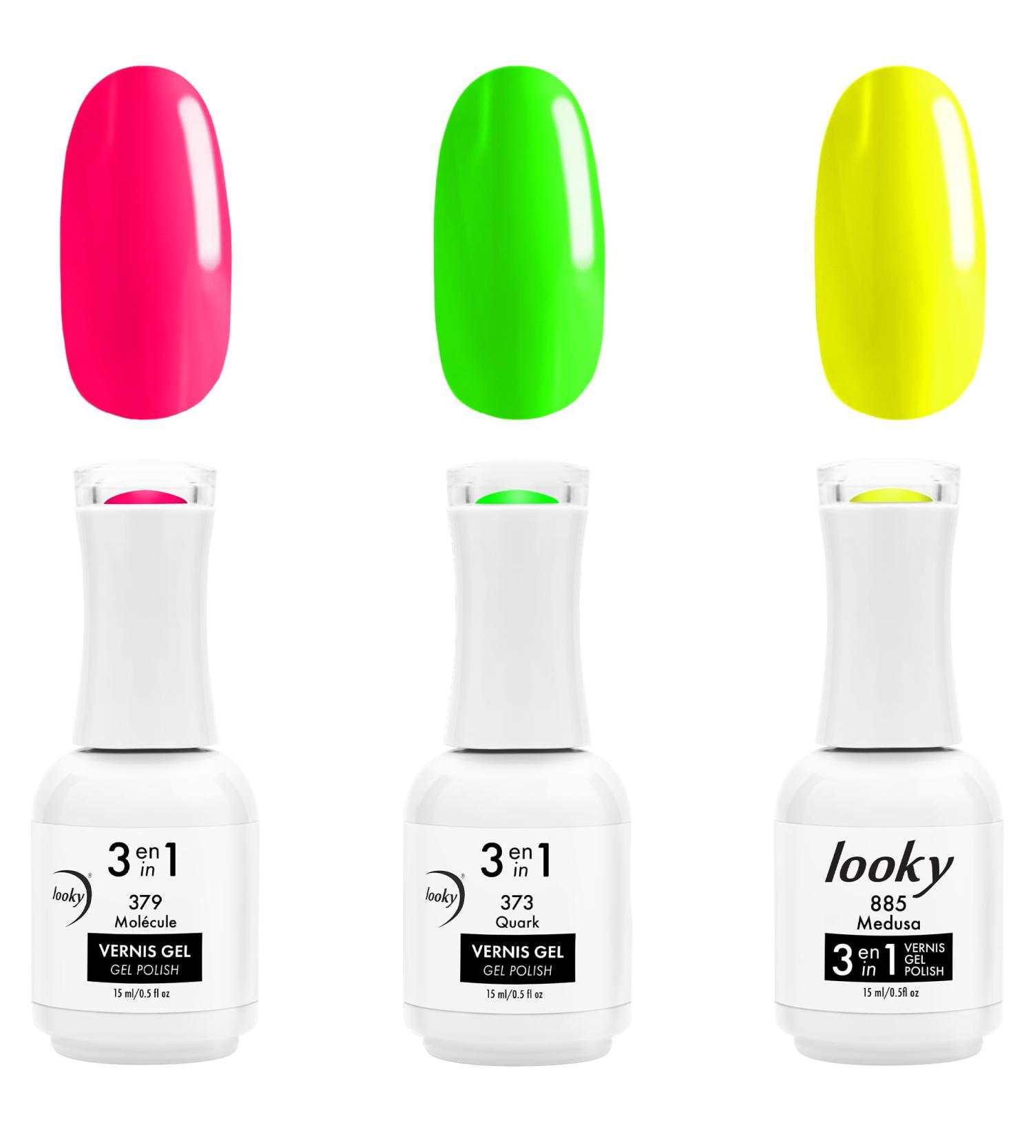 Looky 3-in-1 Gel Nail Polish 3 Pack Neon Nights #379 Mol cule #373 Quark #885 Medusa Combined Base Color Top Coat Salon Quality Manicure at Home DIY Easy Application Nail Lacquer Enamel Quick UV LED Curing Long Lasting Color 3 x 15ml (Neon Nights #379 Mol - Buy Online on GoSupps.com