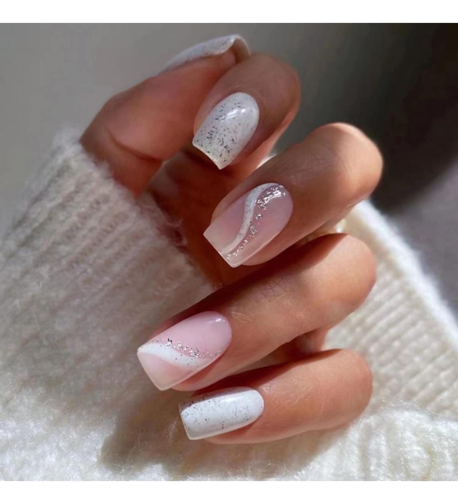 Justotry 24-Piece Pink Angular Glitter Press-On Nails | Milky French & Swirl Design | Beautiful Square Artificial Fake Nails for Women - Buy Online on GoSupps.com