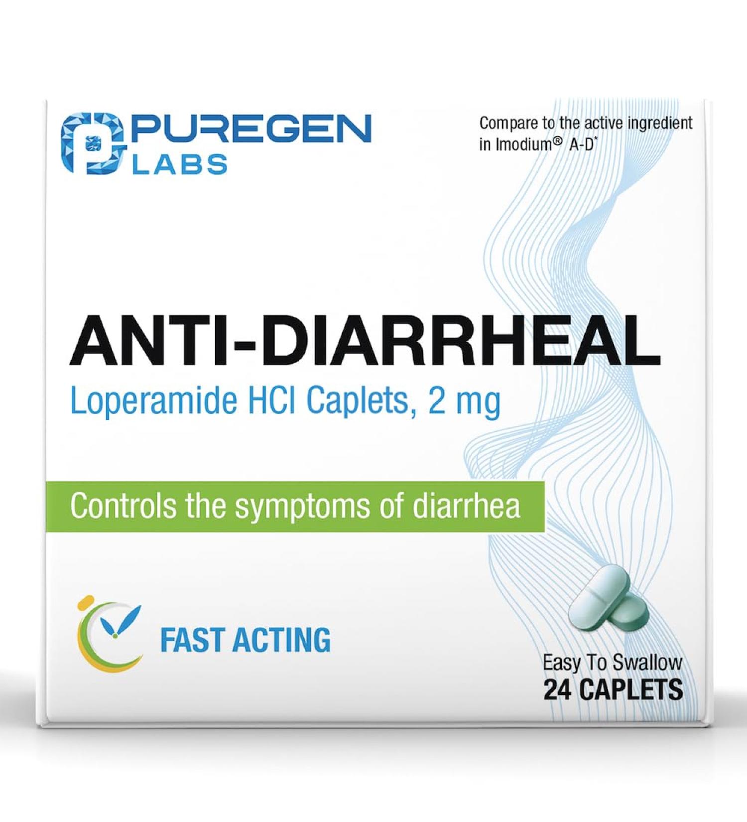 Puregen Labs Anti-Diarrheal Caplets - 24 Count | 2 mg Loperamide Hydrochloride | Easy-to-Swallow Pills for Diarrhea Relief | Stomach Comfort & Symptom Control - Buy Online on GoSupps.com