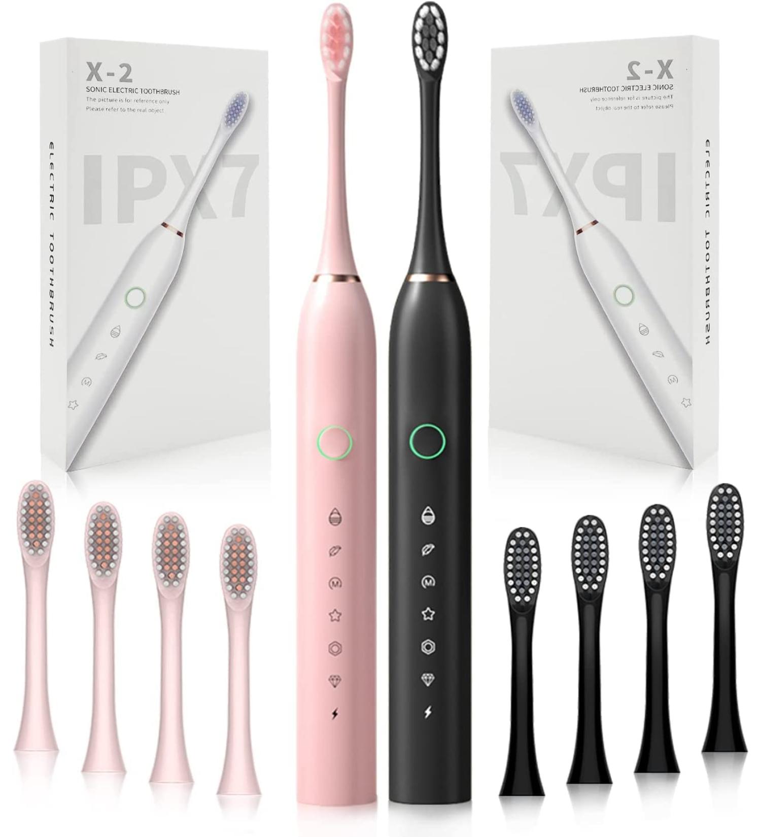 Sonic Rechargeable Electric Toothbrush Set for Adults and Kids - 2 Pack with 8 Replacement Heads, 6 Cleaning Modes, Auto Timer - Whitening & Breath Freshening Toothbrushes (Pink & Black) - Buy Online on GoSupps.com