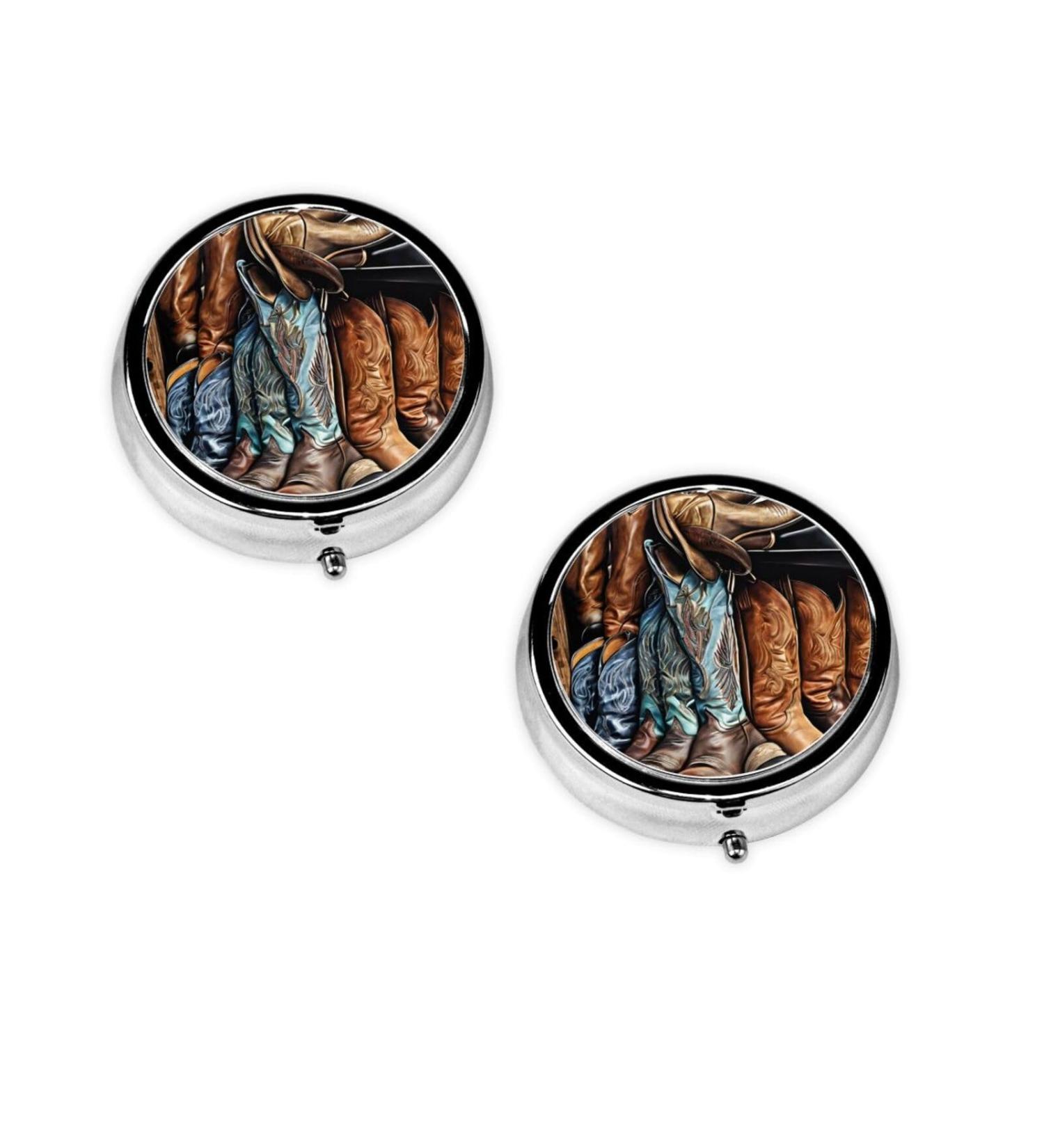 Shop Cowboy Black Hat Western Boots Round Pill Box - 3 Compartment Travel Medicine Organizer | Portable Decorative Pocket Purse - Buy Online on GoSupps.com