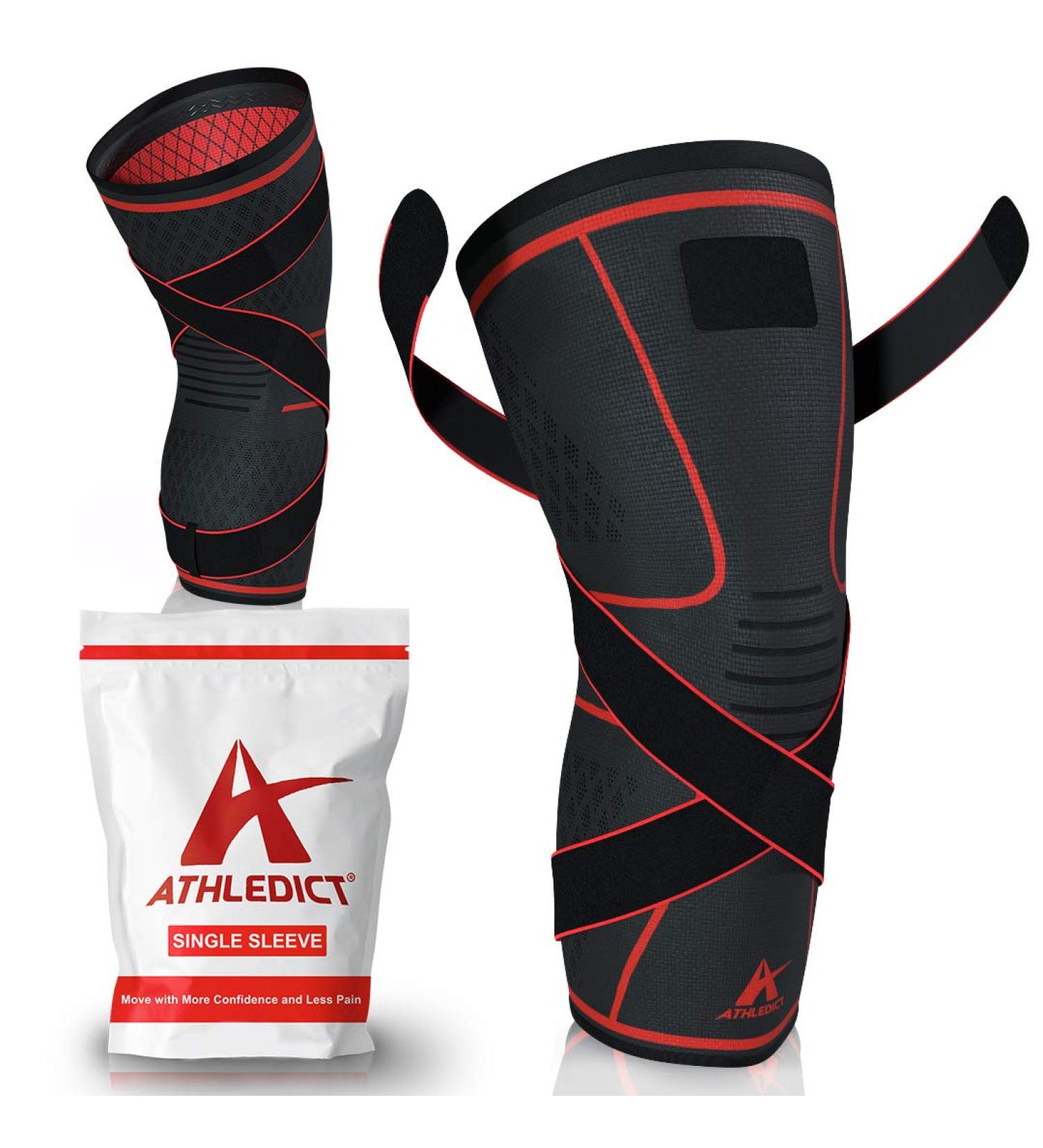ATHLEDICT Knee Brace Compression Sleeve with Strap for Meniscus Tear, Arthritis, Running - Large Dark Grey/Red - Buy Online on GoSupps.com