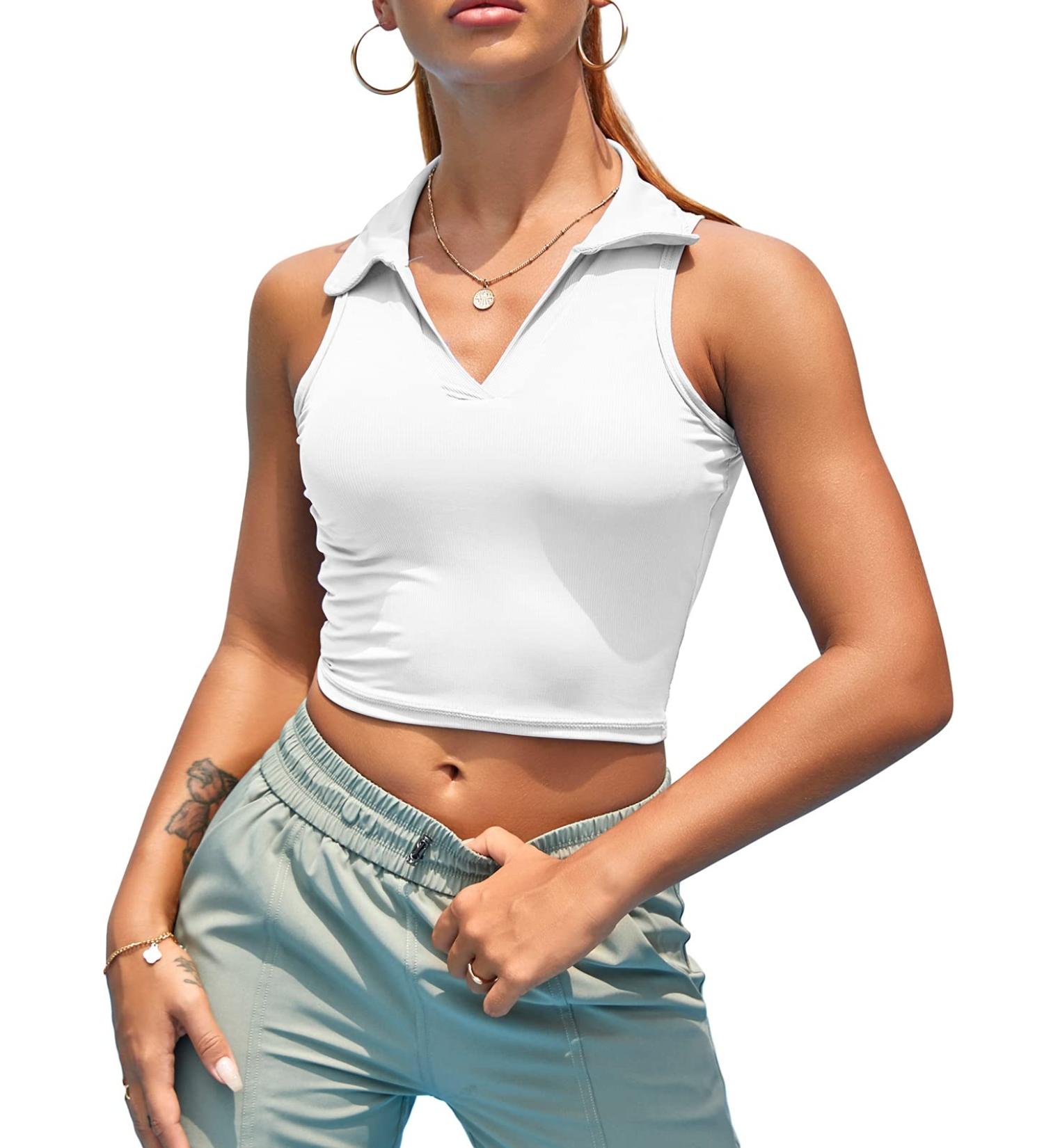 Women's Ribbed Crop Top with Built-in Bra - White Athletic Tank for Yoga & Sports - Size Small - Buy Online on GoSupps.com