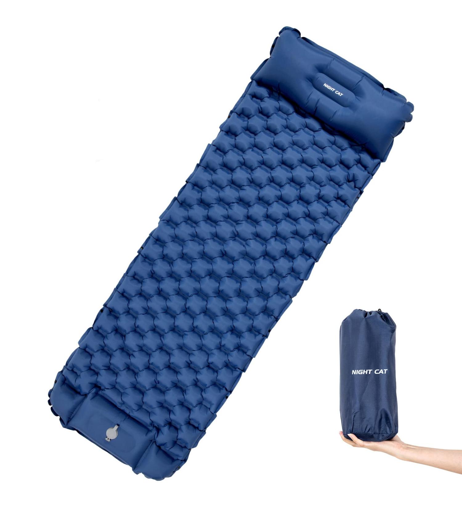 Night Cat Inflatable Sleeping Pad with Pillow - 75x25 inches, Blue - Ideal for Camping, Backpacking, Hiking, and Travel - Single Sleep Mat for Outdoor Adventures - Buy Online on GoSupps.com