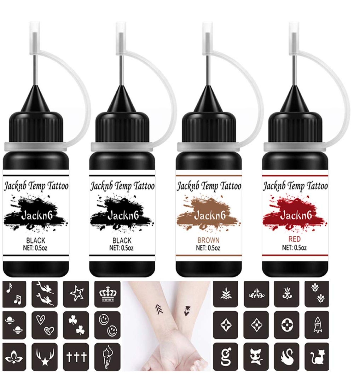 Jacknb Temporary Tattoo Kit - Freehand Ink, Semi Permanent Jagua Gel, 40 Pcs Stencils, DIY Fake Tattoos for Women, Kids, Men - Full Kit with 4 Bottles (Black/Red) - Buy Online on GoSupps.com