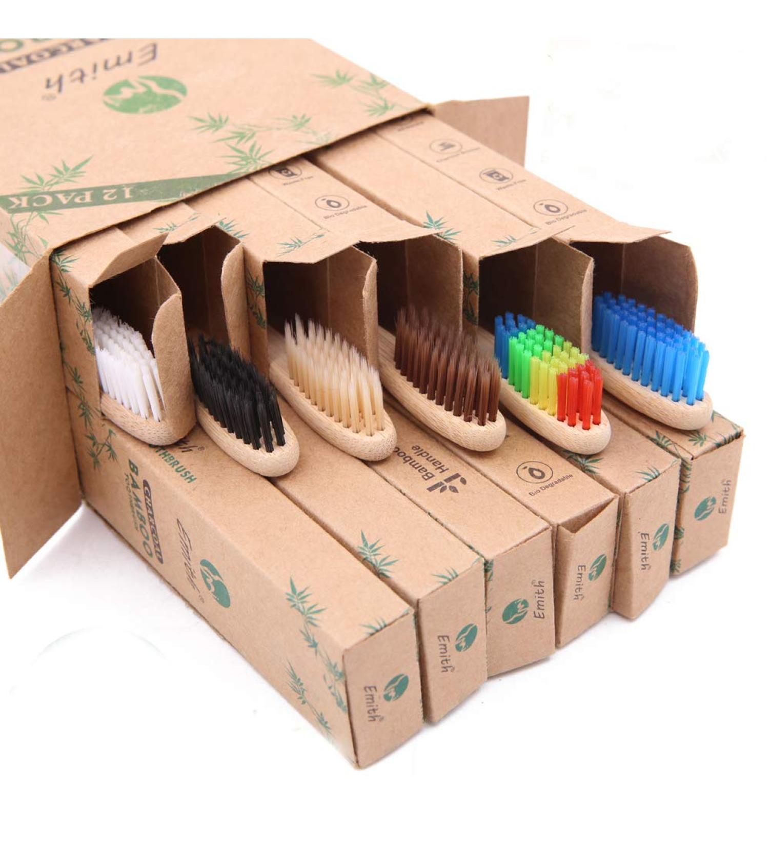 12 Pcs Biodegradable Bamboo Charcoal Toothbrushes - Eco-Friendly & Natural with Soft Bristles (Multi-color) - Buy Online on GoSupps.com