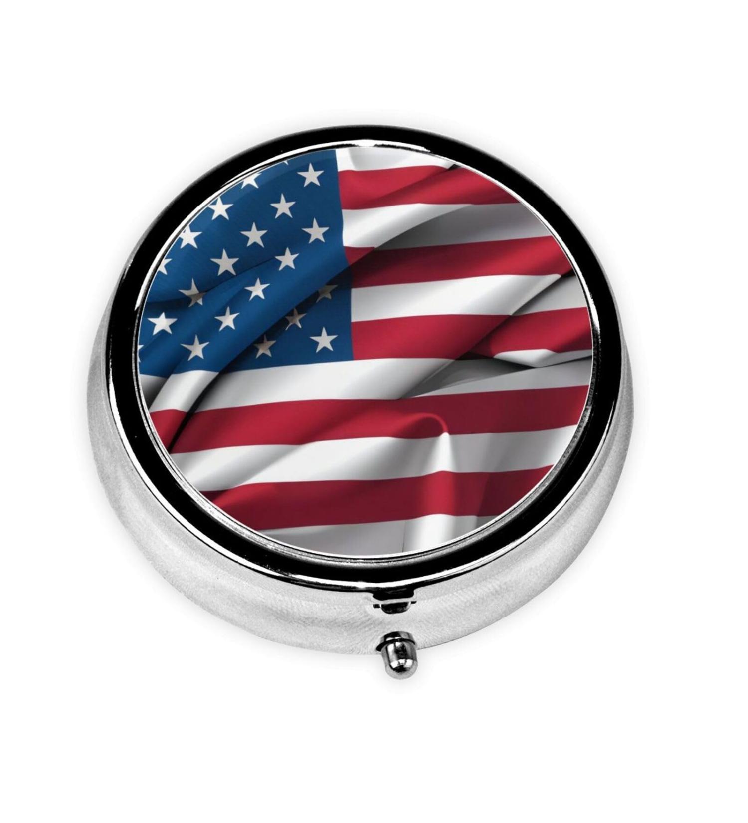 American Flag Portable Metal Pill Box - Round Mini with 3 Compartments & Hinged Design - Ideal for Travel & Small Pills - Buy Online on GoSupps.com