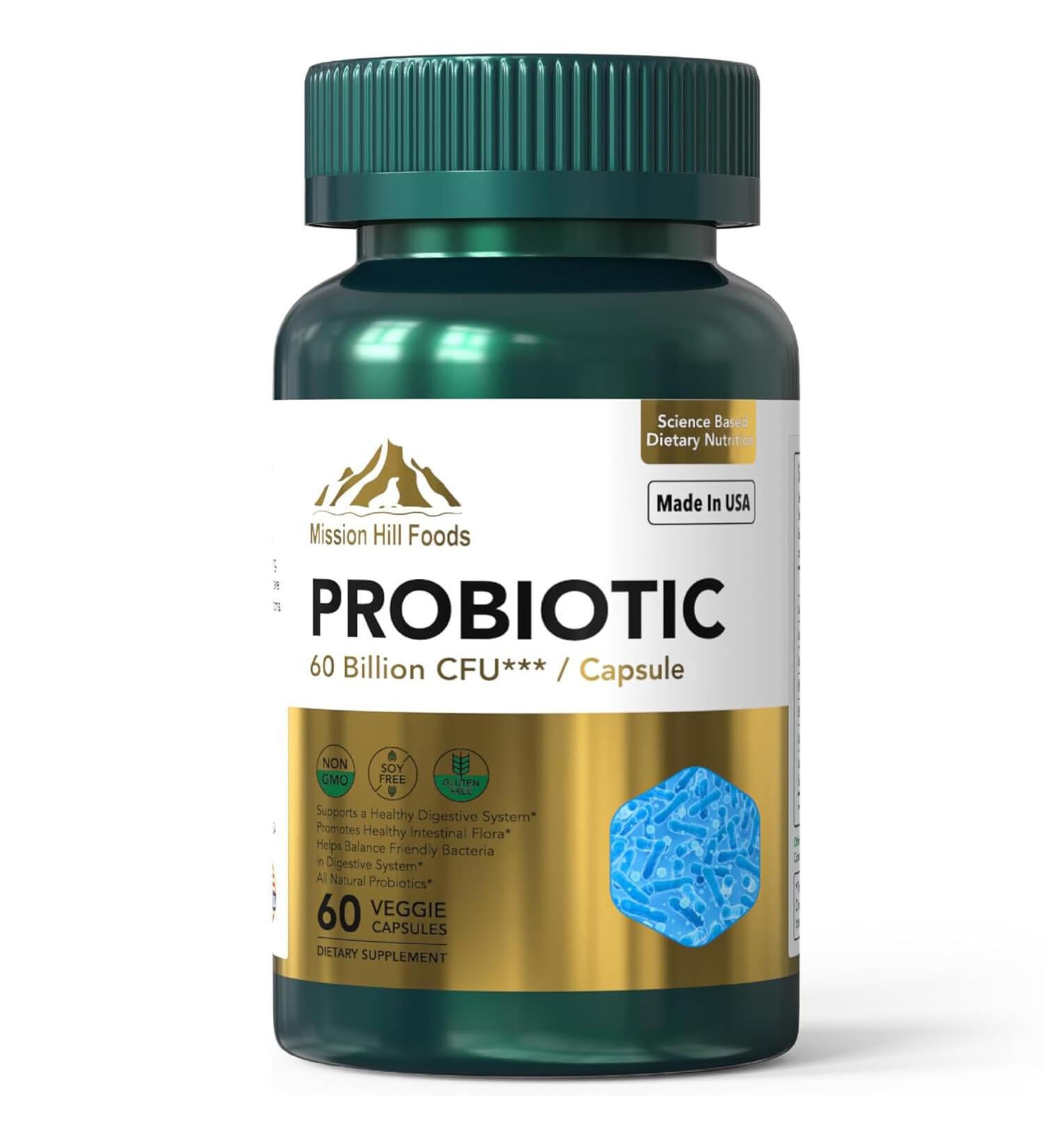 Mission Hill Foods Probiotic 60 Billion CFU with Prebiotics - 7 Strains for Digestive & Gut Health, Immune Support, Shelf Stable, Non-GMO, Gluten & Soy Free, 60 Capsules - Buy Online on GoSupps.com