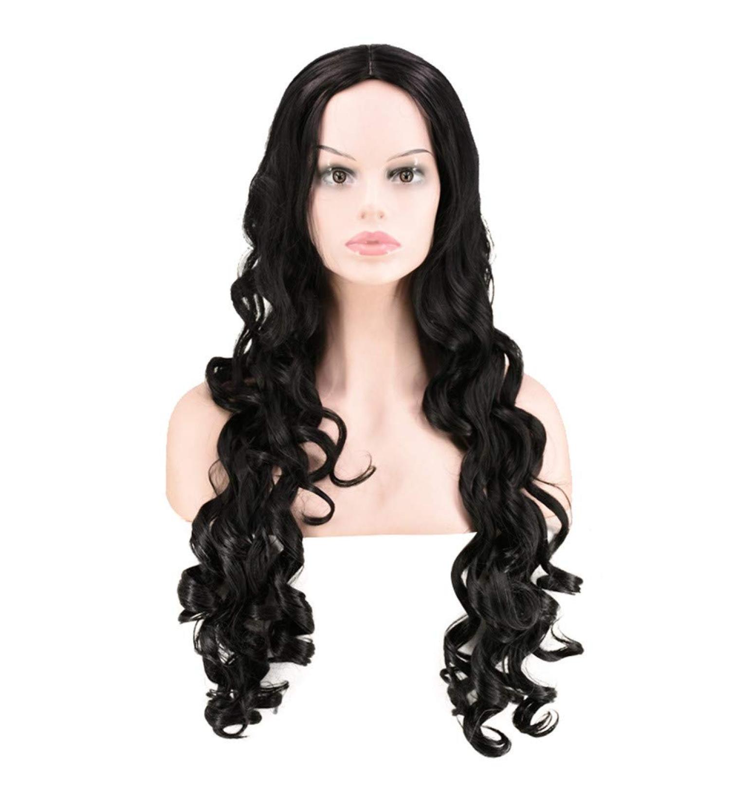 Women's Black Curly Wig - Long Synthetic Wavy Hair for Cosplay | 70s 80s 60s Styles - Buy Online on GoSupps.com