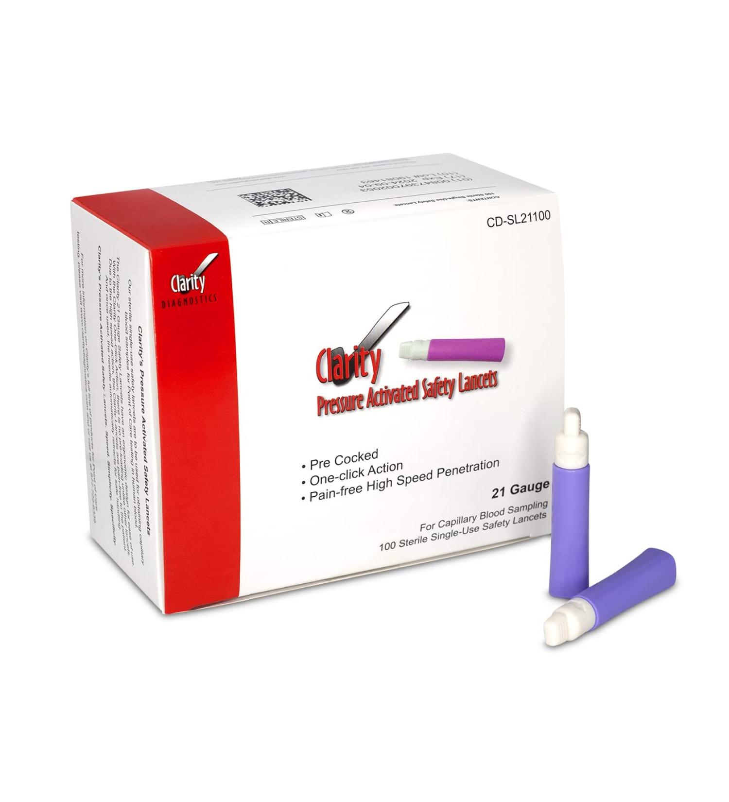 Clarity Diagnostics Pressure Activated Safety Lancets 21 Gauge (Box of 100) - Safe & Effective Blood Sampling Tool - Buy Online on GoSupps.com