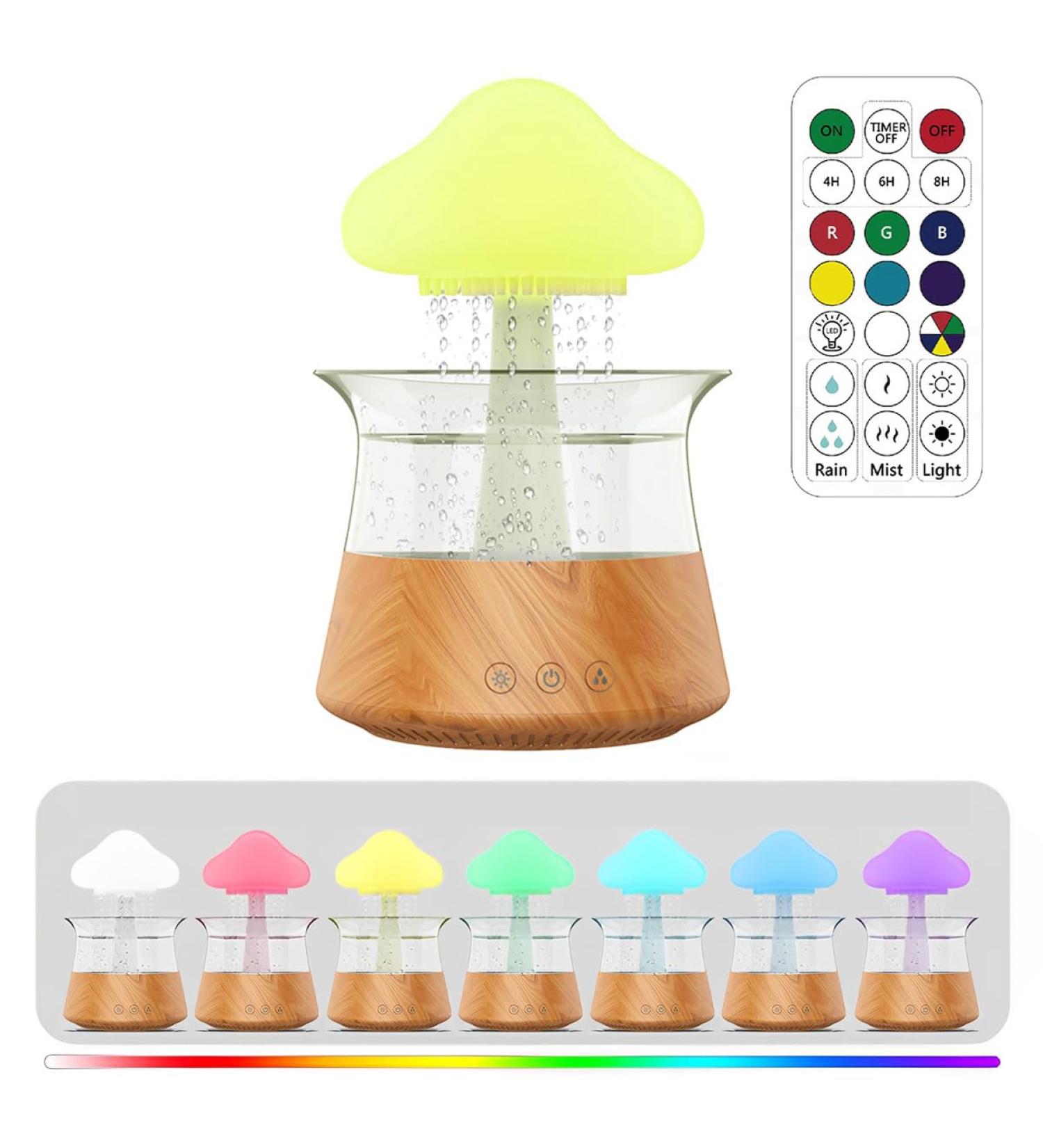 Cloud Rain Humidifier with 7 Colorful Lights and Timer - Aromatherapy Diffuser and Night Light for Bedroom - Wood Finish with Remote Control - Buy Online on GoSupps.com