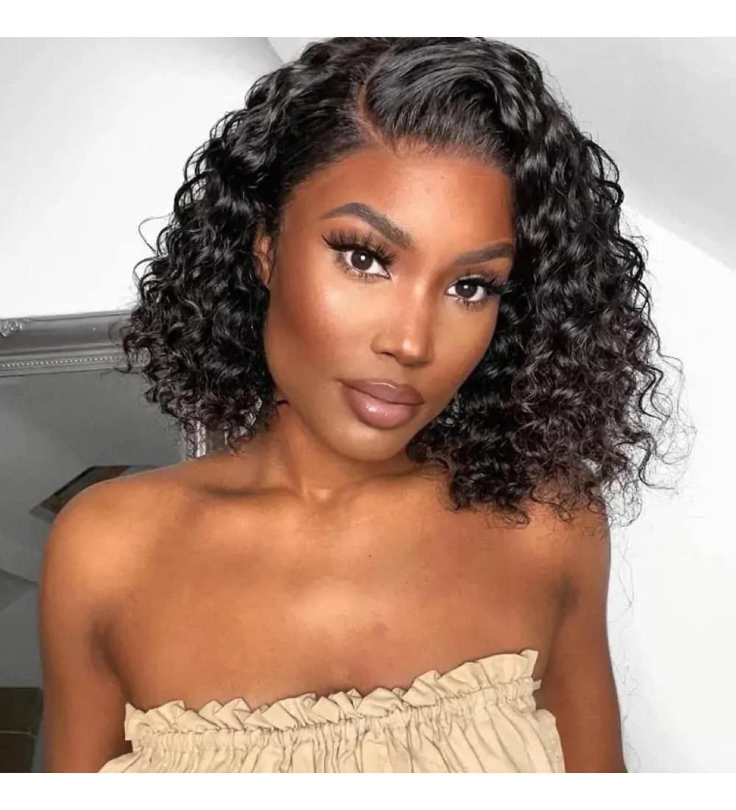 LASOOA 180% Density Short Curly Bob Human Hair Wig 12 Inch - Wet and Wavy, HD Transparent Lace Front, Pre Plucked with Baby Hair - Natural Color - Buy Online on GoSupps.com