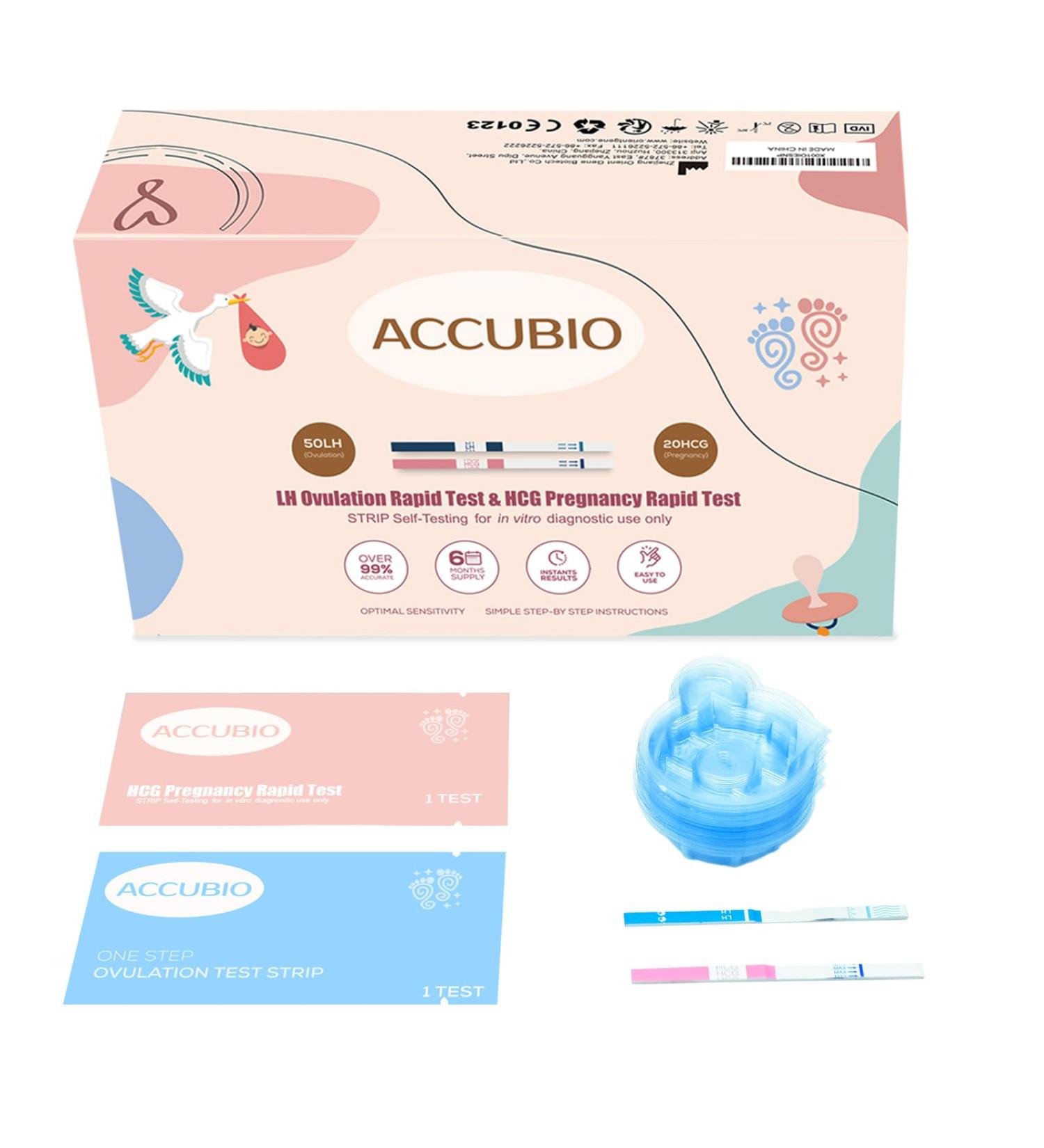 ACCUBIO Combo Kit: 50 Ovulation + 20 Pregnancy Test Strips | Over 99% Accuracy | LH and HCG Predictor Kit with Free Urine Cups - Buy Online on GoSupps.com