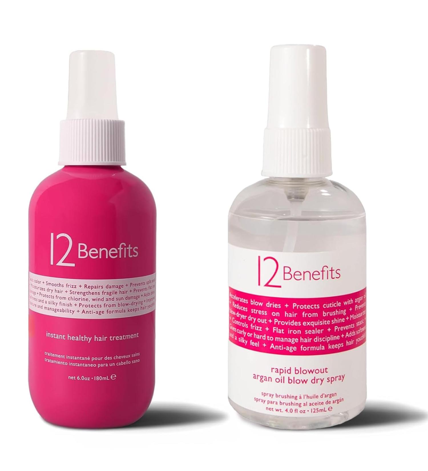 12 Benefits Instant Healthy Hair Treatment & Rapid Blowout Argan Oil Spray Set - Smooths Frizz Strengthens Repairs Damaged Hair Nourishes Adds Shine & Softens Damaged Hair - Buy Online on GoSupps.com