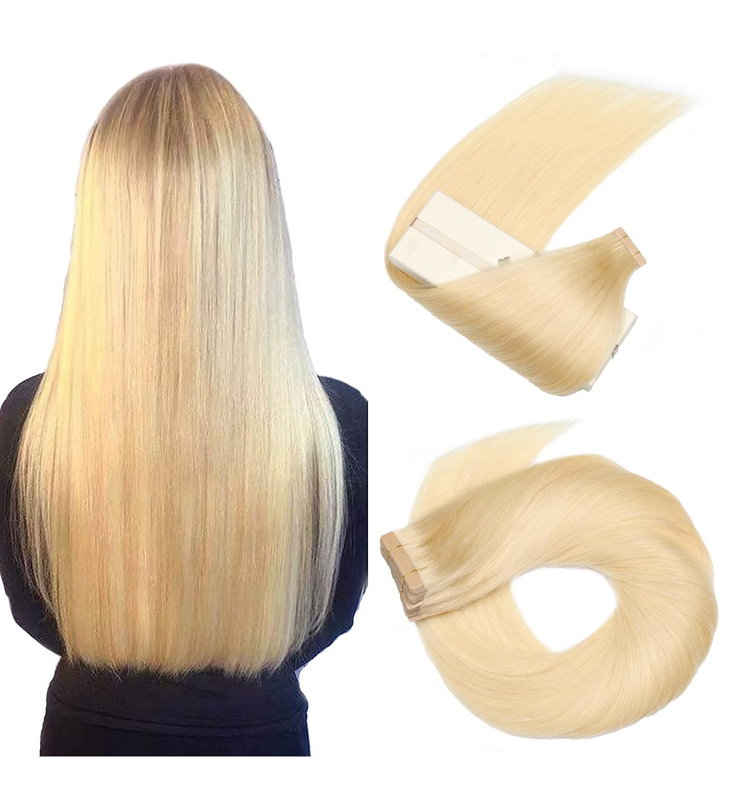 Hotlulana Tape Extensions - 100% Real Hair Bleached Blonde (#613) 14 Zoll/35cm 40g 20PCs Invisible Skin Weft Extensions - Buy Online on GoSupps.com