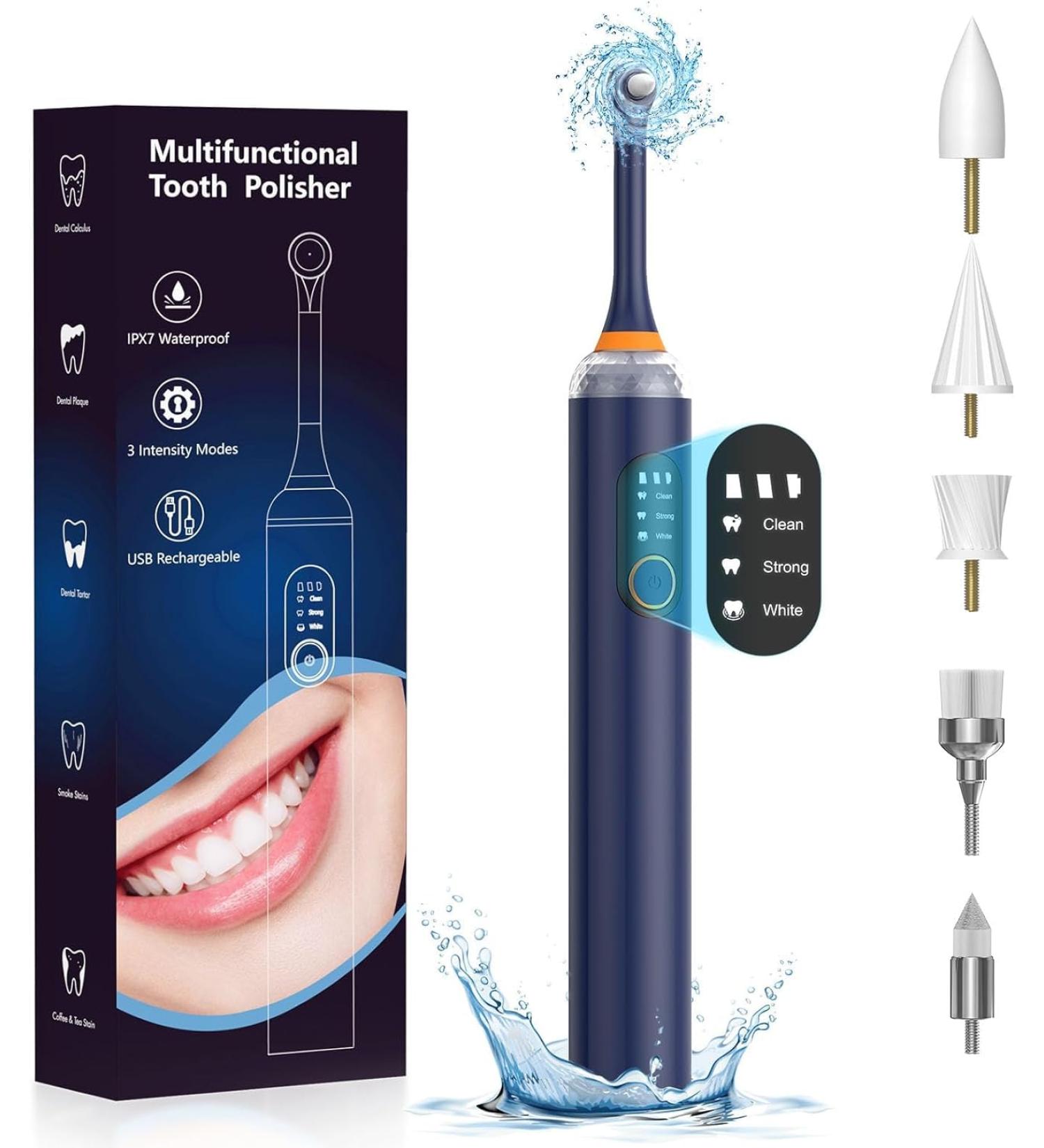 Rechargeable Tooth Polisher & Whitening Kit - Teeth Cleaning for People & Pets | 5 Brush Heads 3 Speed Modes Waterproof (Blue - Buy Online on GoSupps.com