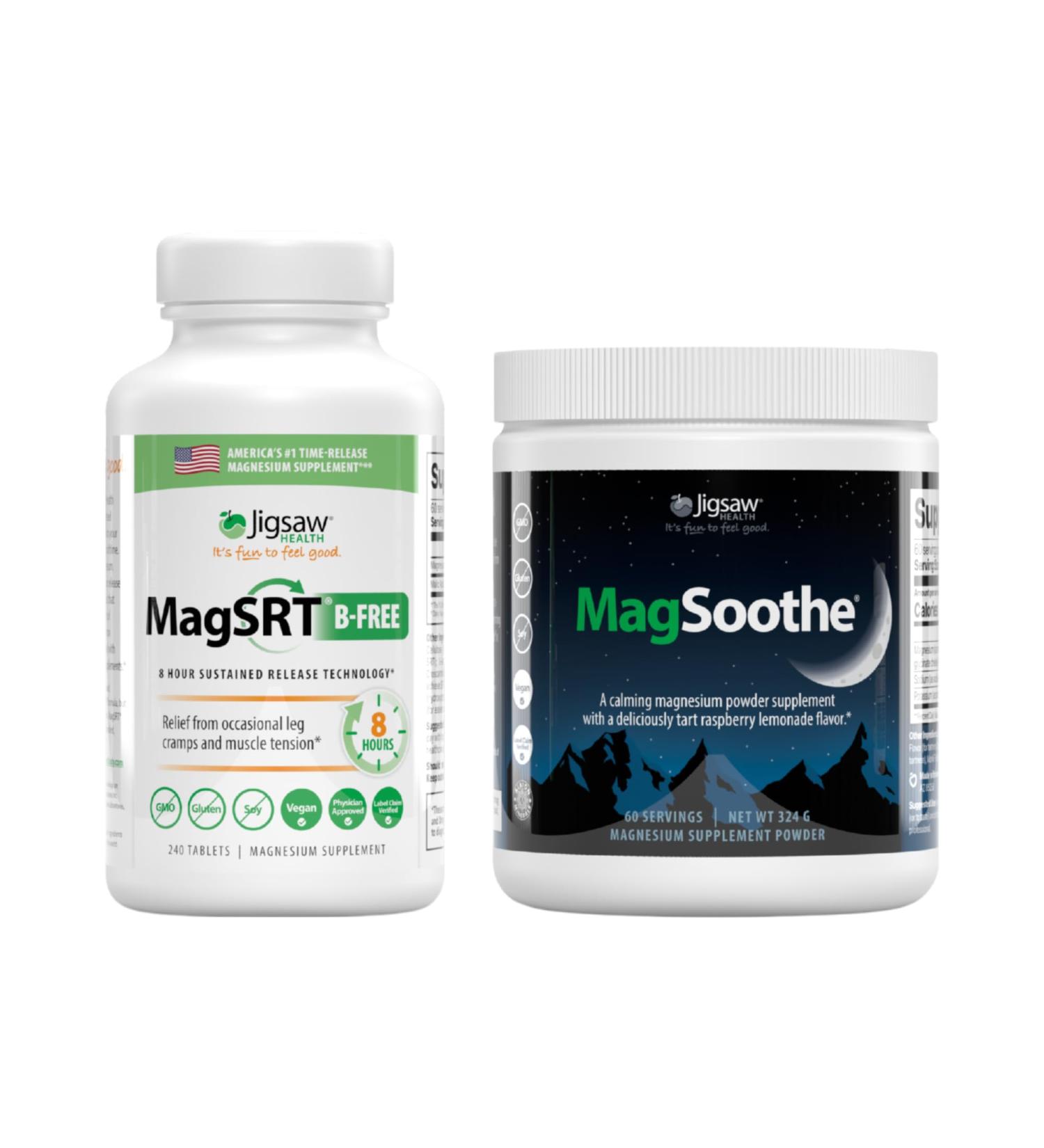 Jigsaw Health Magnesium Bundle | MagSRT (B-Free) 240 Tablets and MagSoothe (Raspberry Lemonade) 60 Servings (Jar) - Buy Online on GoSupps.com