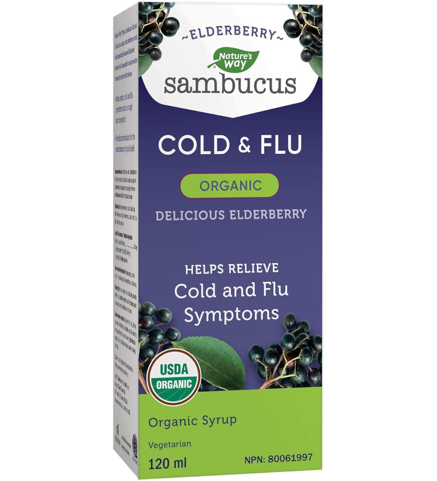 Nature's Way Sambucus Organic Cold and Flu Care Elderberry Syrup Used in Herbal Medicine to Help Relieve Symptoms (Coughs and Sore Throats) in Adults 120 ml 120 ml (Pack of 1) Medicine - Buy Online on GoSupps.com