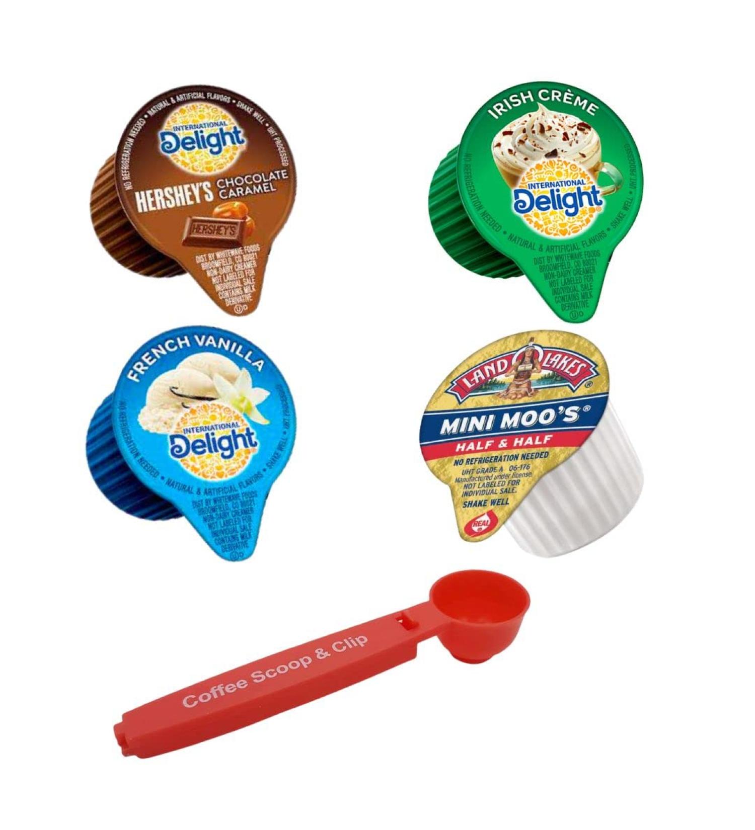 International Delight Creamer Singles 96 Count Variety Pack - French Vanilla, Irish Creme, Hershey's Chocolate Caramel, Mini Moos Half And Half - Includes Coffee Scoop/Bag Clip - Bulk Coffee Creamer - Buy Online on GoSupps.com