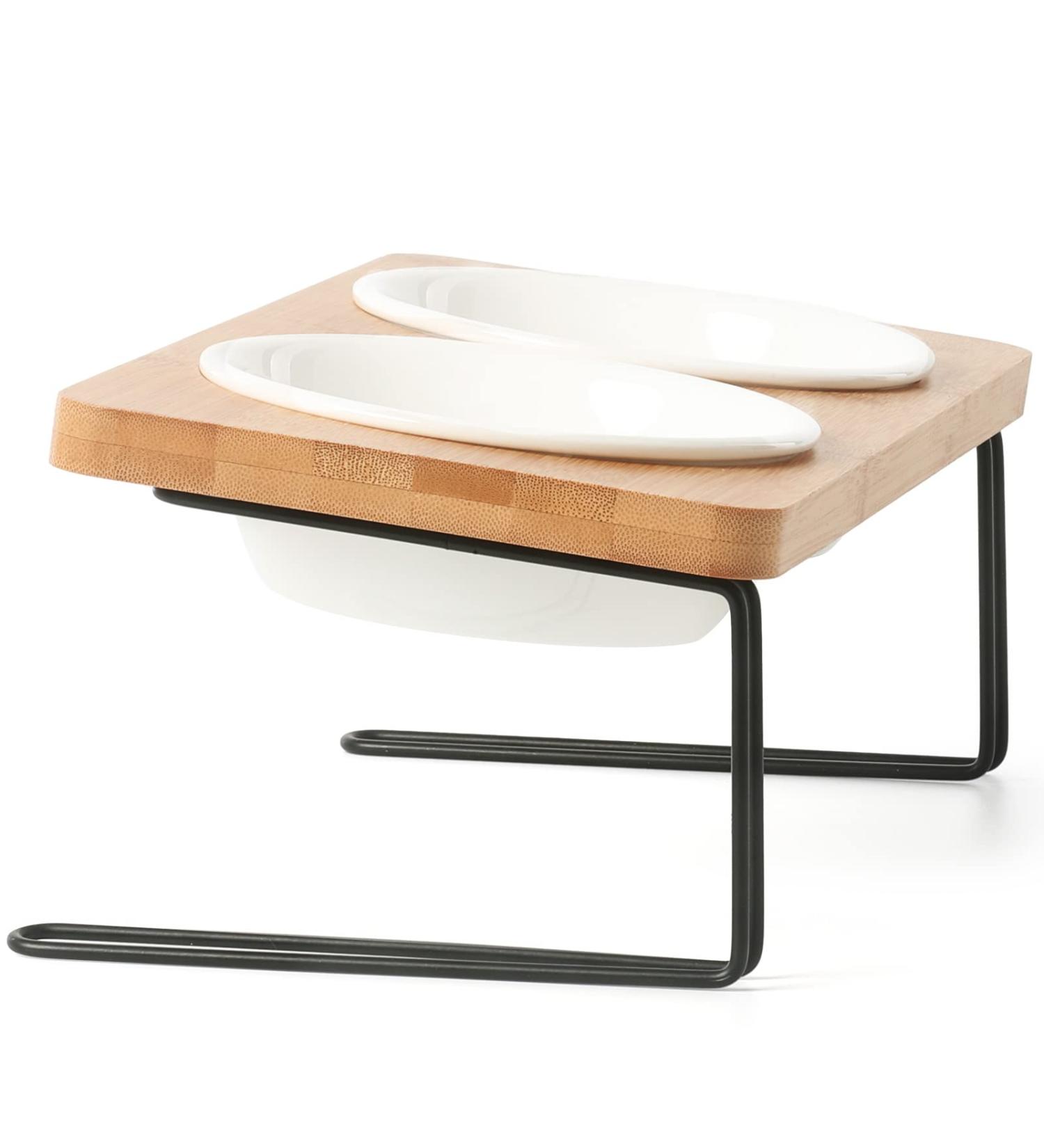 FUKUMARU Elevated Cat Ceramic Bowls - Small Dog 15 Tilted Food & Water Feeding Dishes with Solid Wood Stand - For Cats and Puppies - Buy Online on GoSupps.com