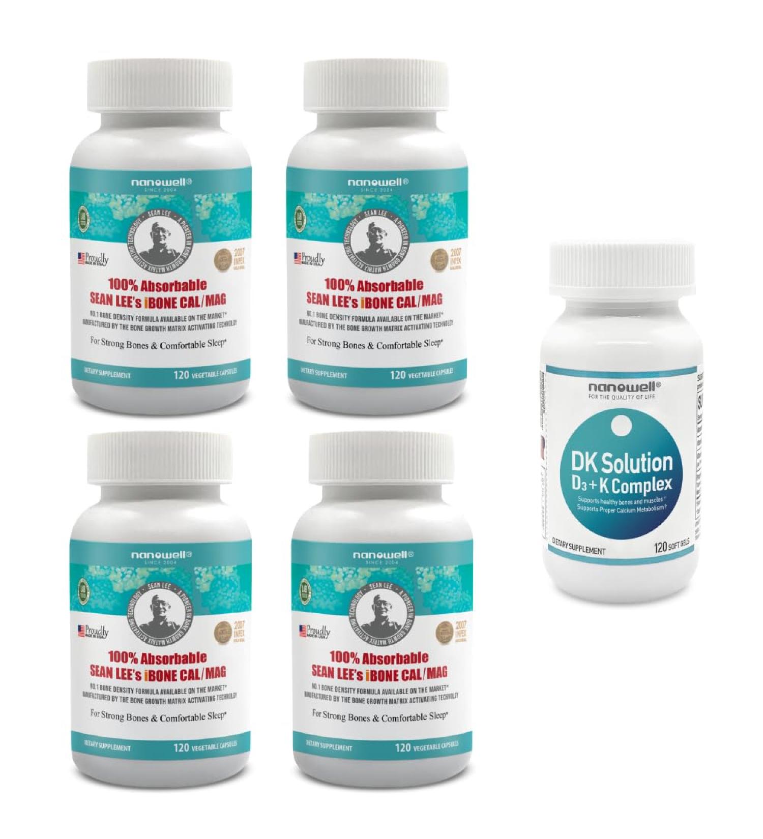 NANOWELL Sean Lee's iBone Cal Mag 120 Vegetable Capsules X 4 Bottles + 1 Bottle of DK Solution - Bone Health Calcium and Immune Support Supplement (120 Count (Pack of 4) + DK Solution) - Buy Online on GoSupps.com