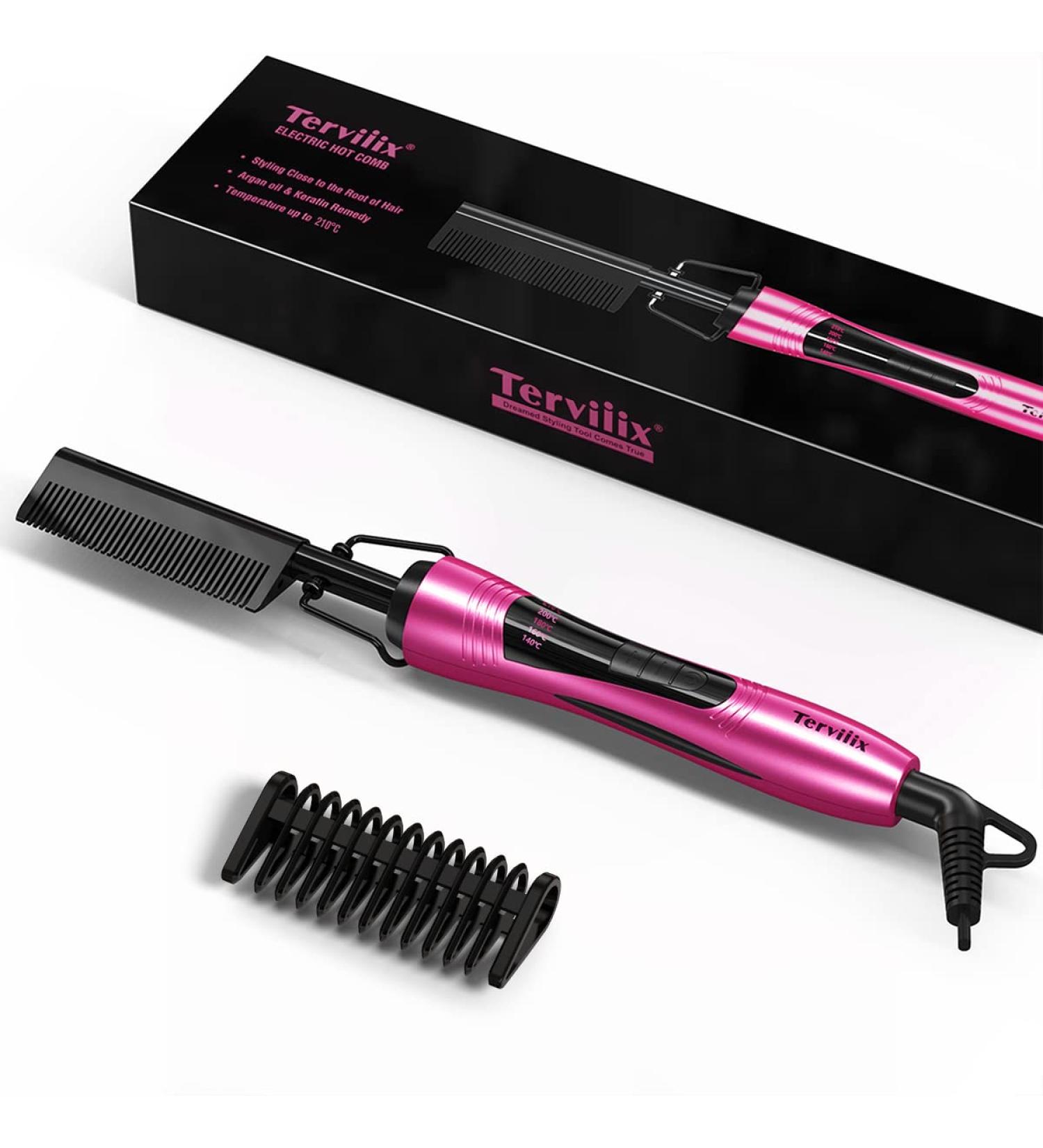 Terviiix Electric Hot Comb for Wigs & Afro Hair - Anti-Scald Pressing Comb with Keratin & Argan Oil - Adjustable Temperature - Auto Shut Off - Pink - Buy Online on GoSupps.com