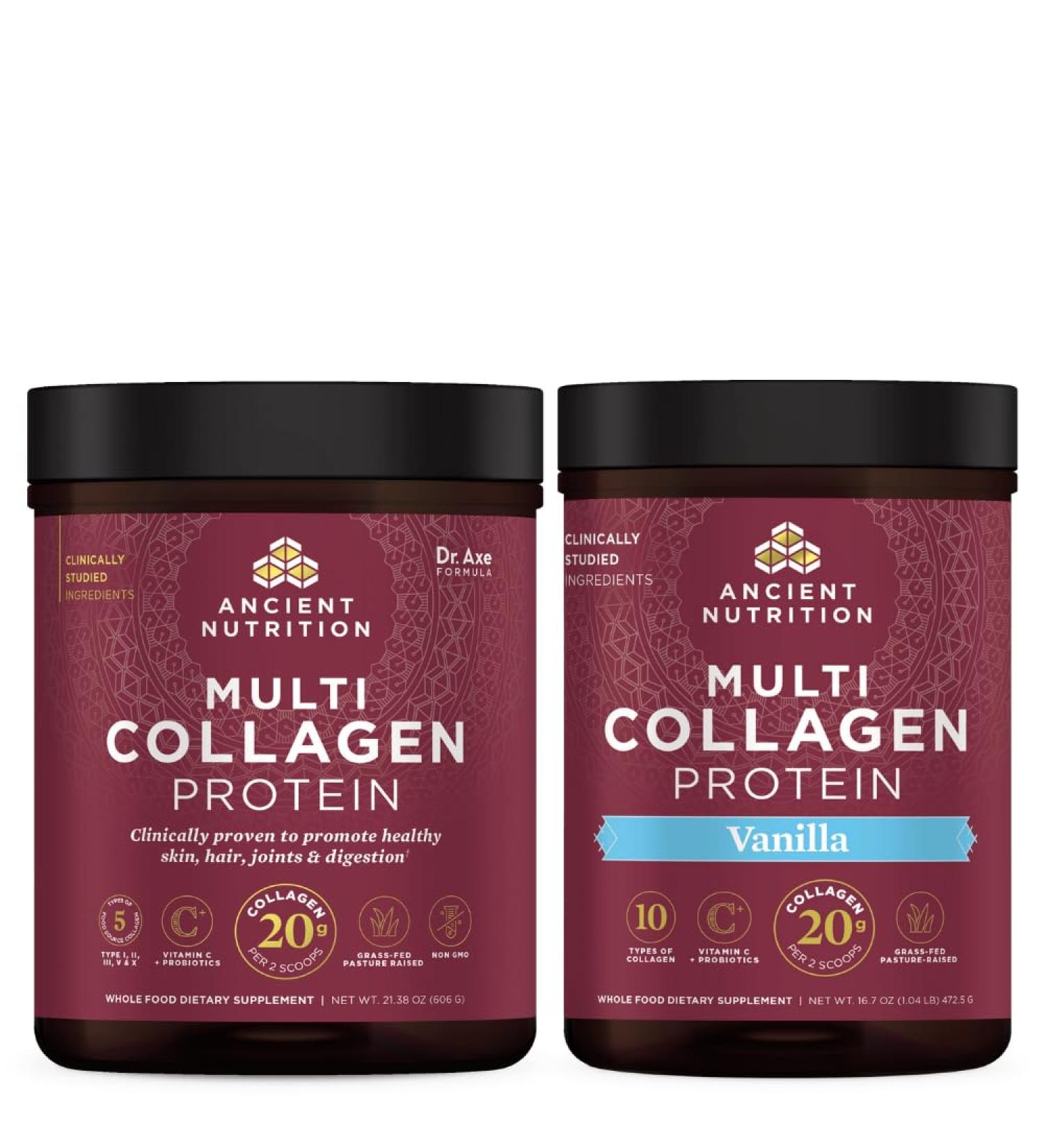 Ancient Nutrition Multi Collagen Protein Powder Unflavored 60 Servings + Multi Collagen Protein Powder Vanilla 45 Servings - Buy Online on GoSupps.com