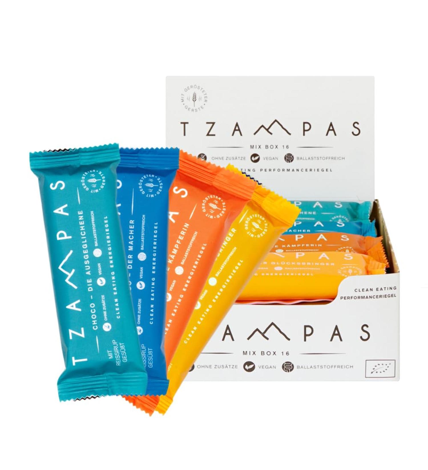 Best of TZAMPAS Mix Box Large energy box (16 x 40 g) Roasted barley energy bar in snack box Energy bar suitable for cycling and trail running Organic bar - Buy Online on GoSupps.com