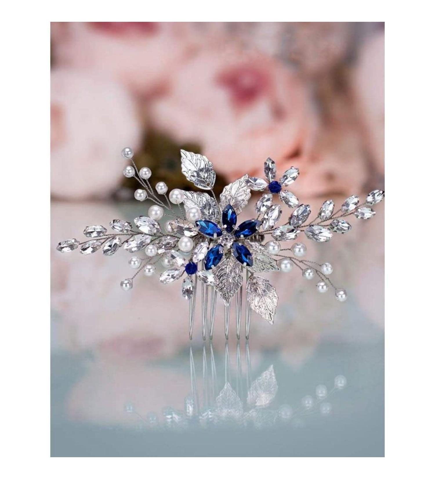 Bridal Sapphire Crystal Hair Comb Pearl Blue Crystal Leaf Marquise Hair Piece Prom Party Festival Wedding Hair Accessories for Women and Girls (Silver) - Buy Online on GoSupps.com
