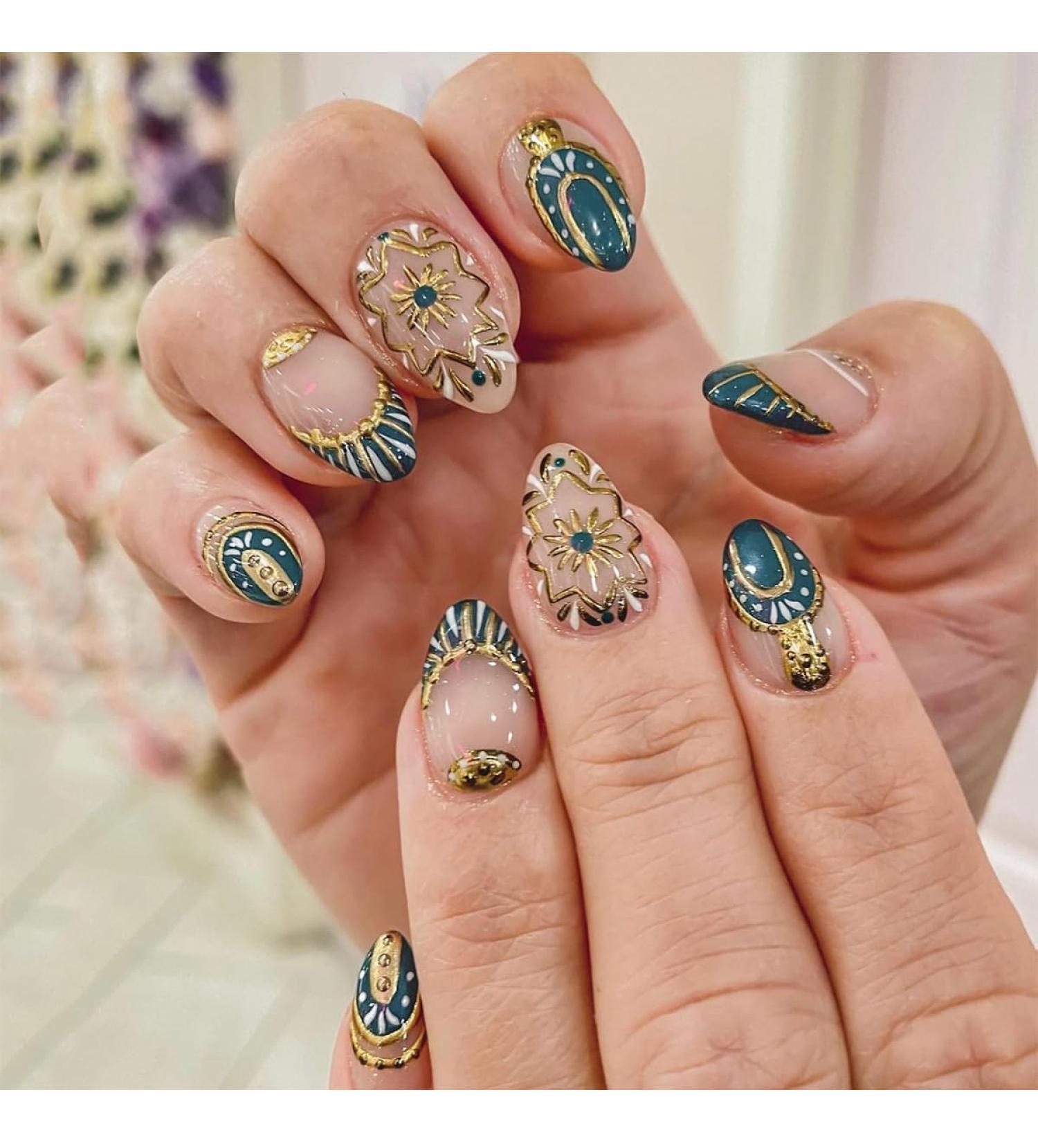 Mouyouglow Almond Green French Press On Nails Gold Flower Design Fake Nails with Glue Short Oval Artificial Fingernails L4 for Stylish Manicure - Buy Online on GoSupps.com