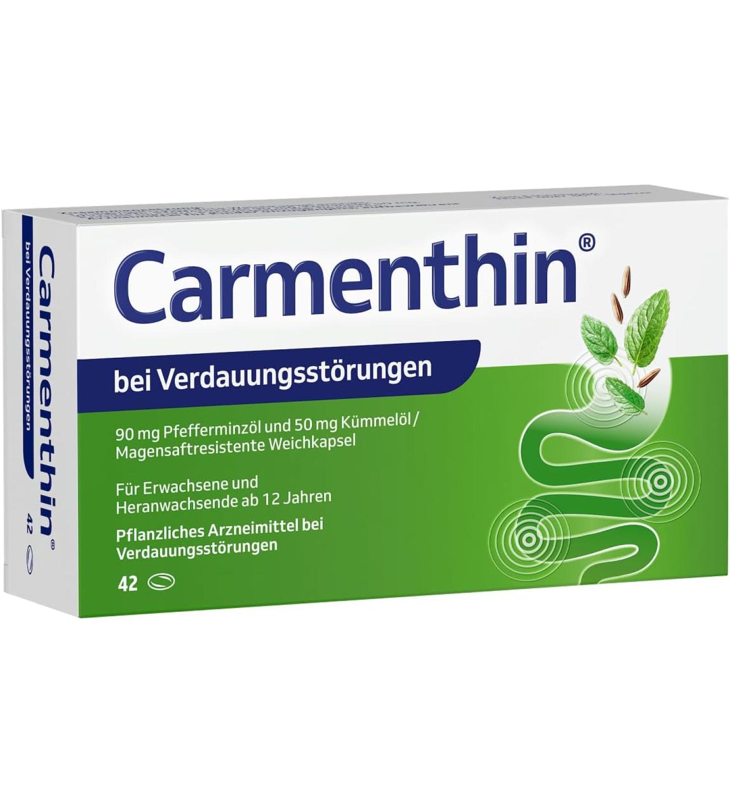 Carmenthin for Digestive Disorders | 42 Soft Capsules | Relieve Flatulence Fullness & Pain | With Peppermint & Caraway Oil | Soothes Gastrointestinal Tract - Buy Online on GoSupps.com
