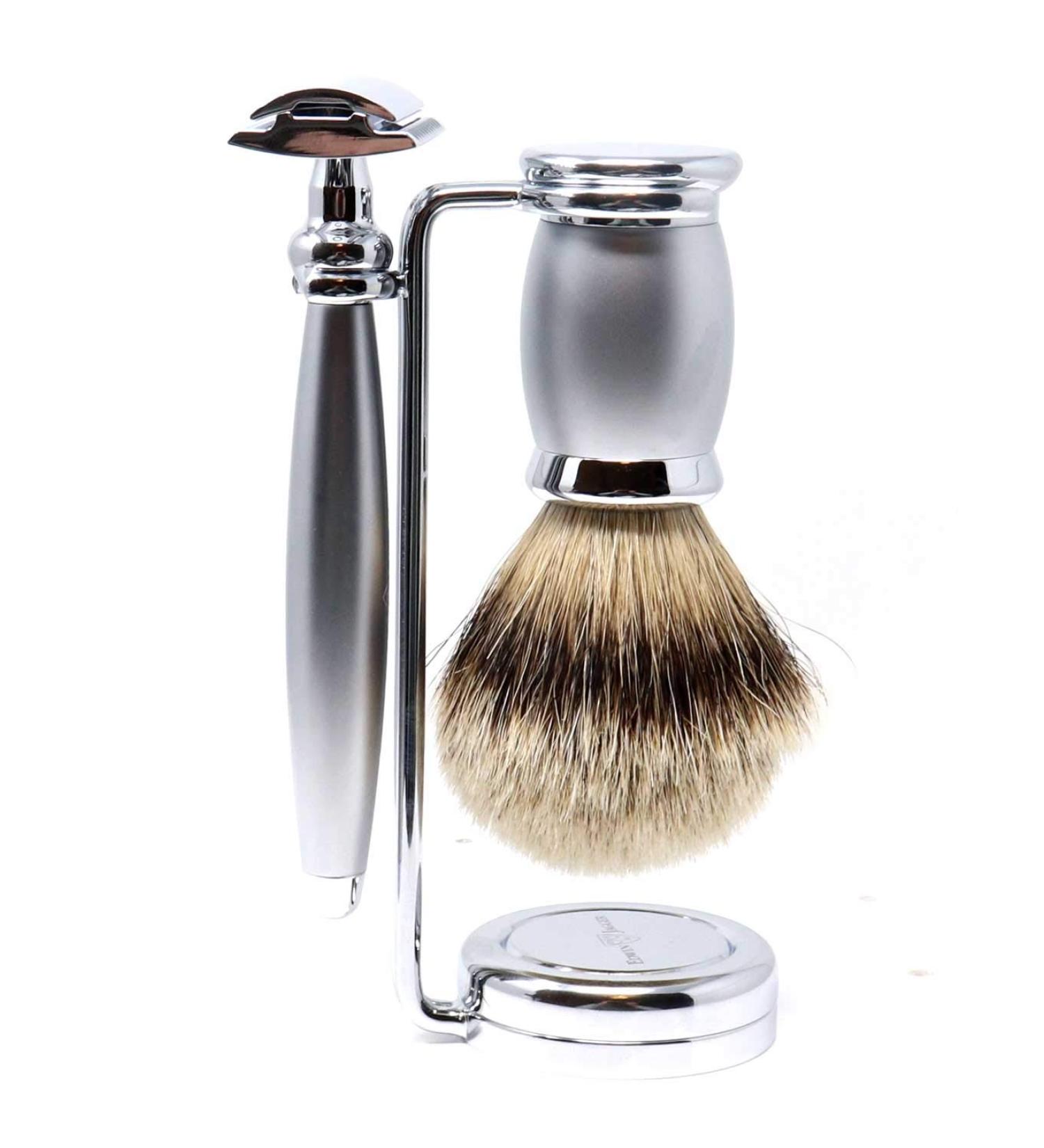 Edwin Jagger Bulbous Chrome 3 Piece DE Shaving Set - Silver Tip Brush (Chrome-Satin) | International Shipping Available - Buy Online on GoSupps.com