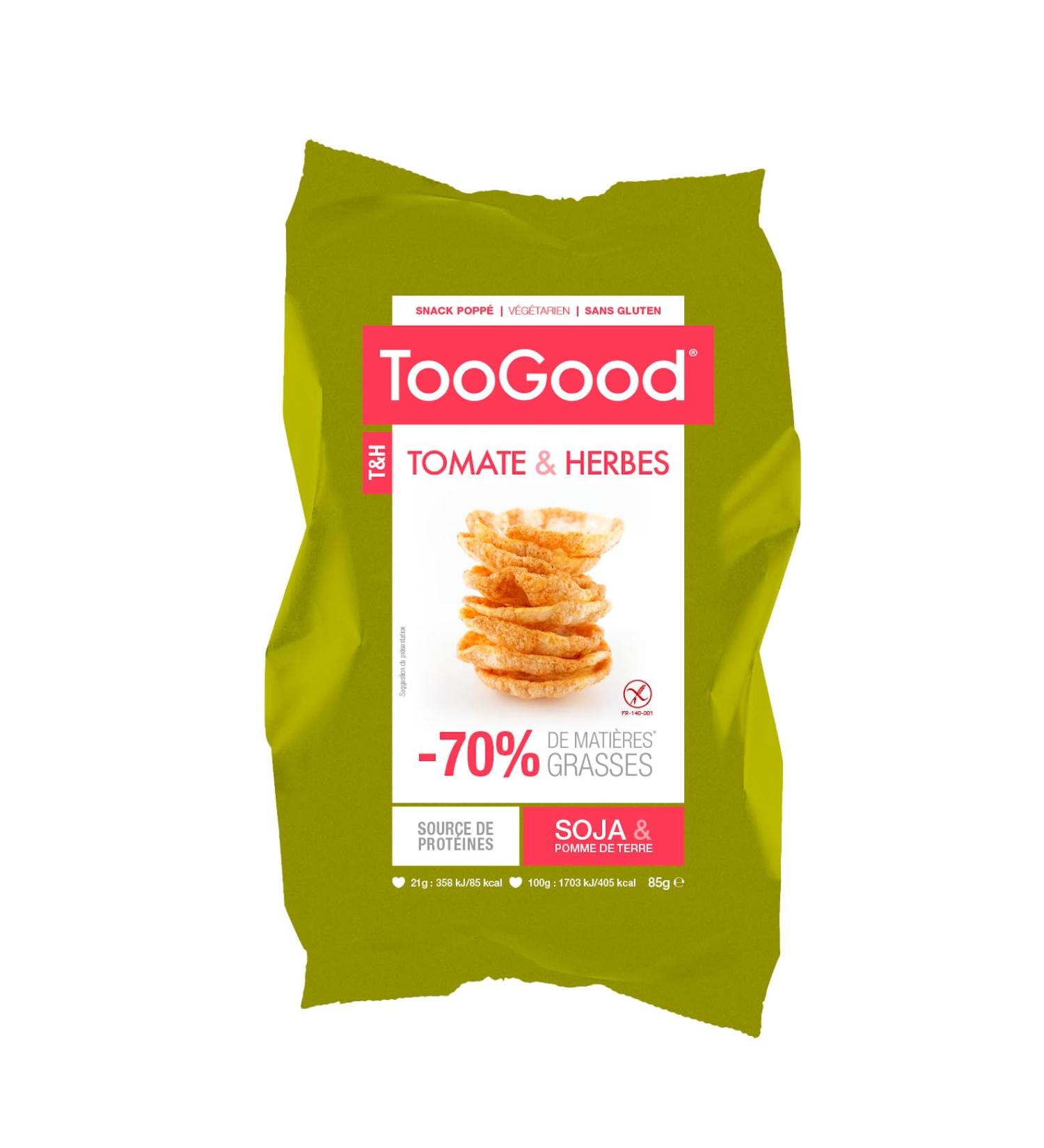 TOOGOOD - Snacks Popp s - Chips Soja & Pomme De Terre - Saveur Tomate & Herbes - V g tarien - Sans Gluten - 70 % De Mati res Grasses En Moins - Source De Prot ines - 10 Sachets De 85 g - Buy Online on GoSupps.com