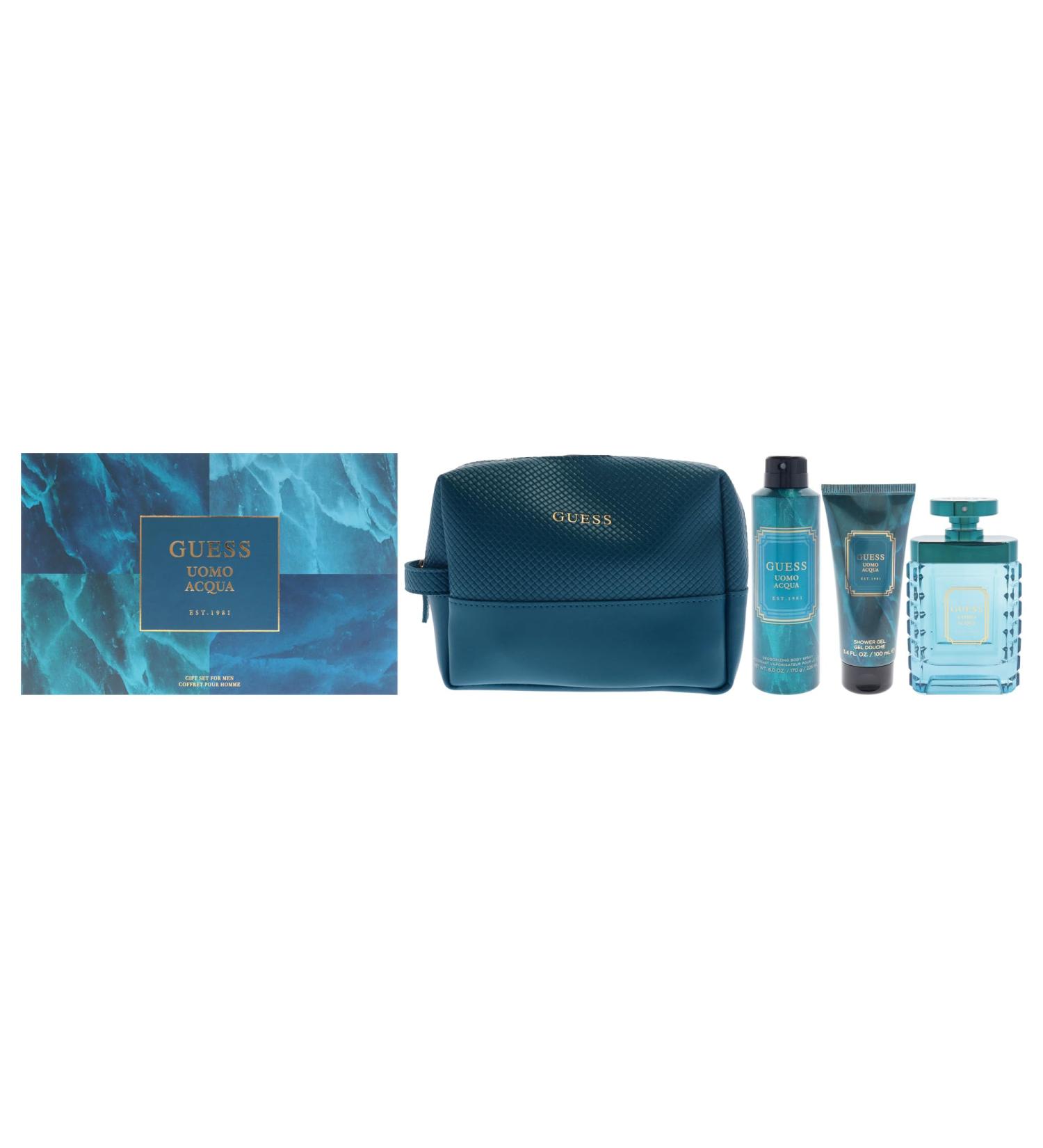 Guess Uomo Acqua for Men - 4 Pc Gift Set 3.4oz EDT Spray 6oz Deodorizing Body Spray 3.4oz Shower Gel Pouch - Buy Online on GoSupps.com