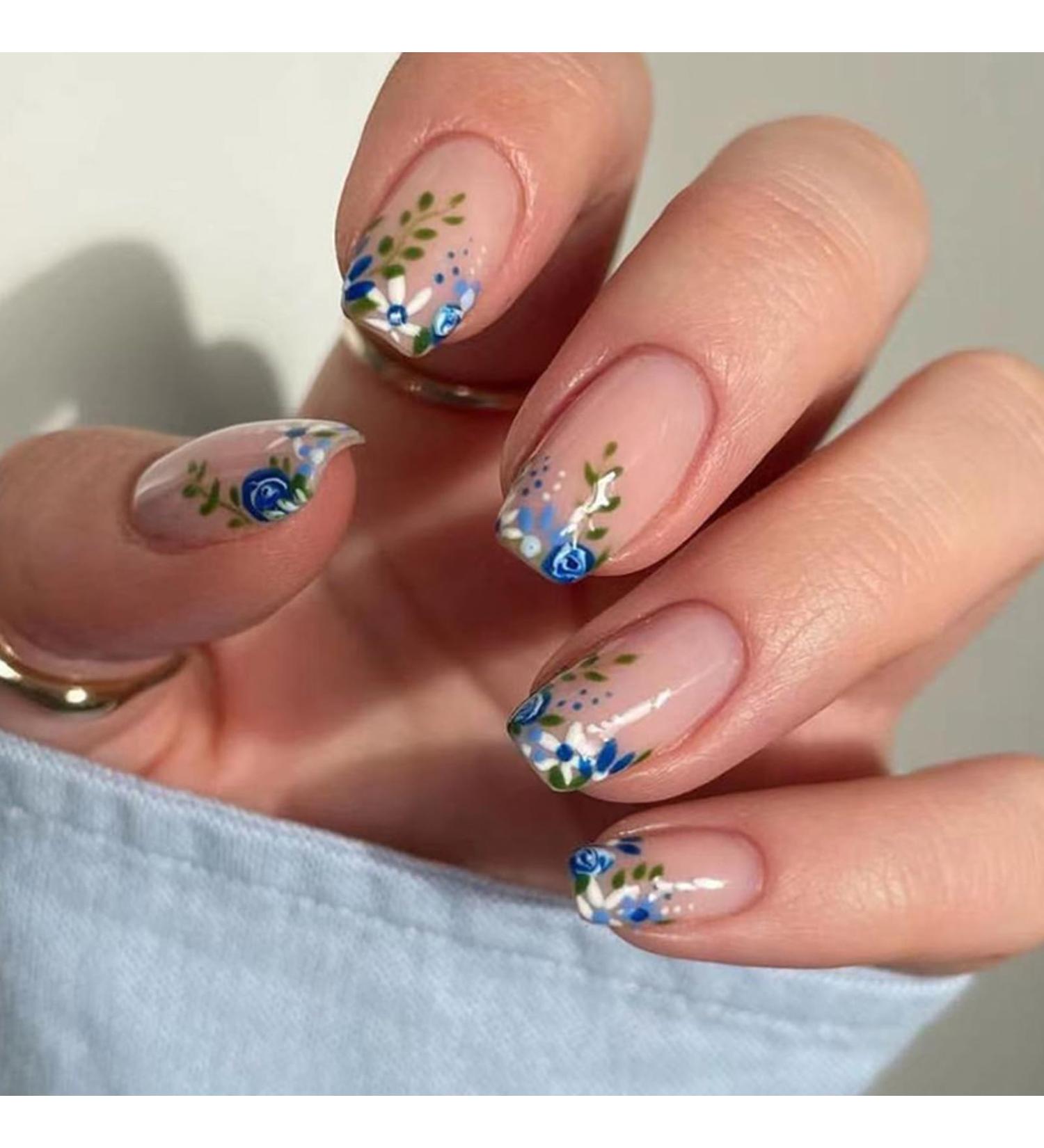 NICENEEDED Short Blue Flower Press on Nails French Floral Leaf Square Glossy Acrylic Nails Stick on Nails Spring Summer Nude Full Cover False Nails with Jelly Glue for DIY Nail - Buy Online on GoSupps.com