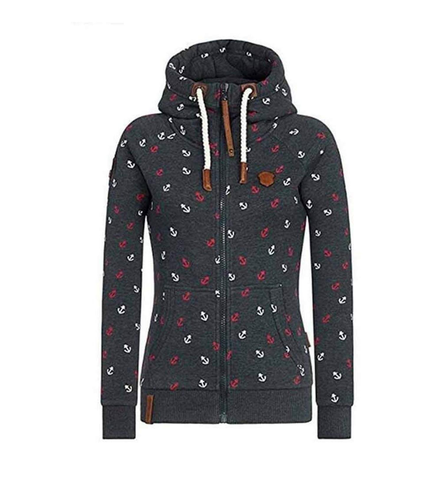 Bigfanshu Womens Hooded Sweatshirts Flocking Thicken Print Jackets Tracksuits Zipper Female Sportswear Black